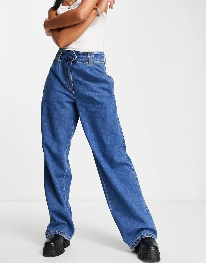 River Island – Jeans in Mittelblau mit hohem Bund und weitem Bein günstig online kaufen