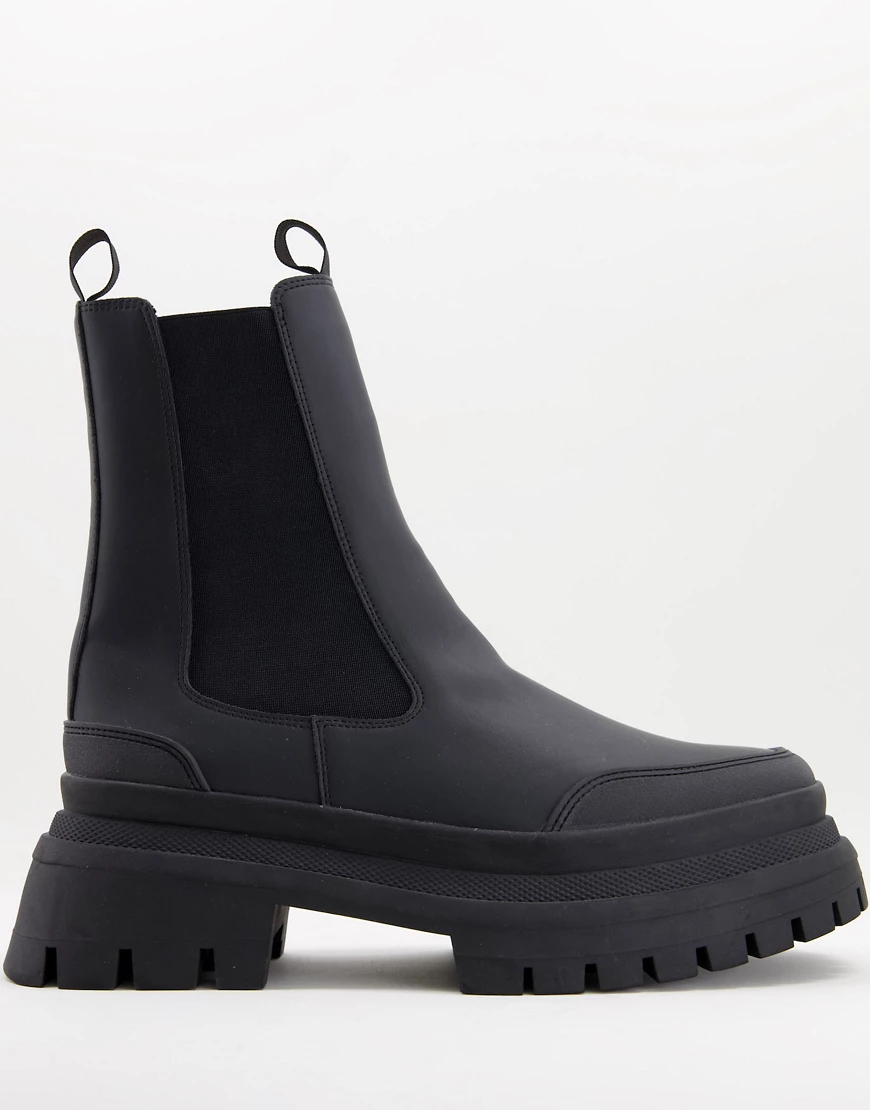 ASOS DESIGN – Wadenhohe Chelsea-Stiefel aus Lederimitat in Schwarz mit dick günstig online kaufen