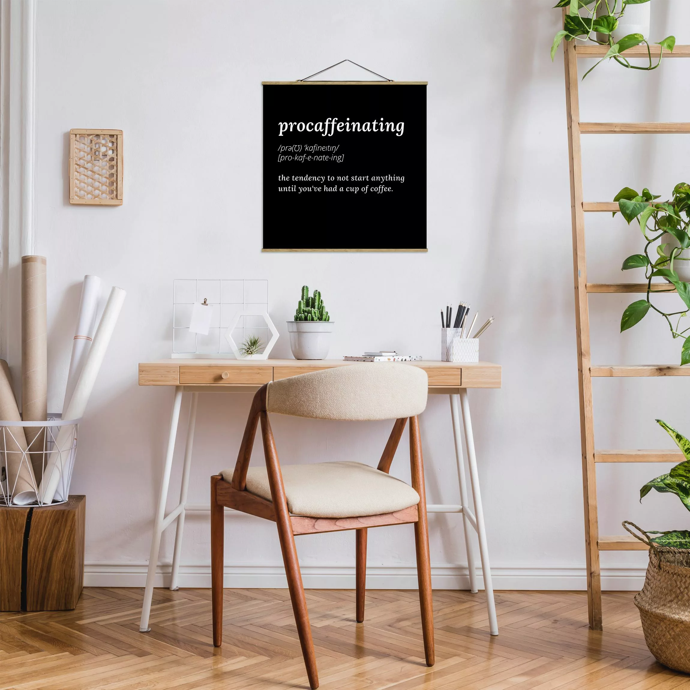 Stoffbild Spruch mit Posterleisten - Quadrat procaffeinating günstig online kaufen