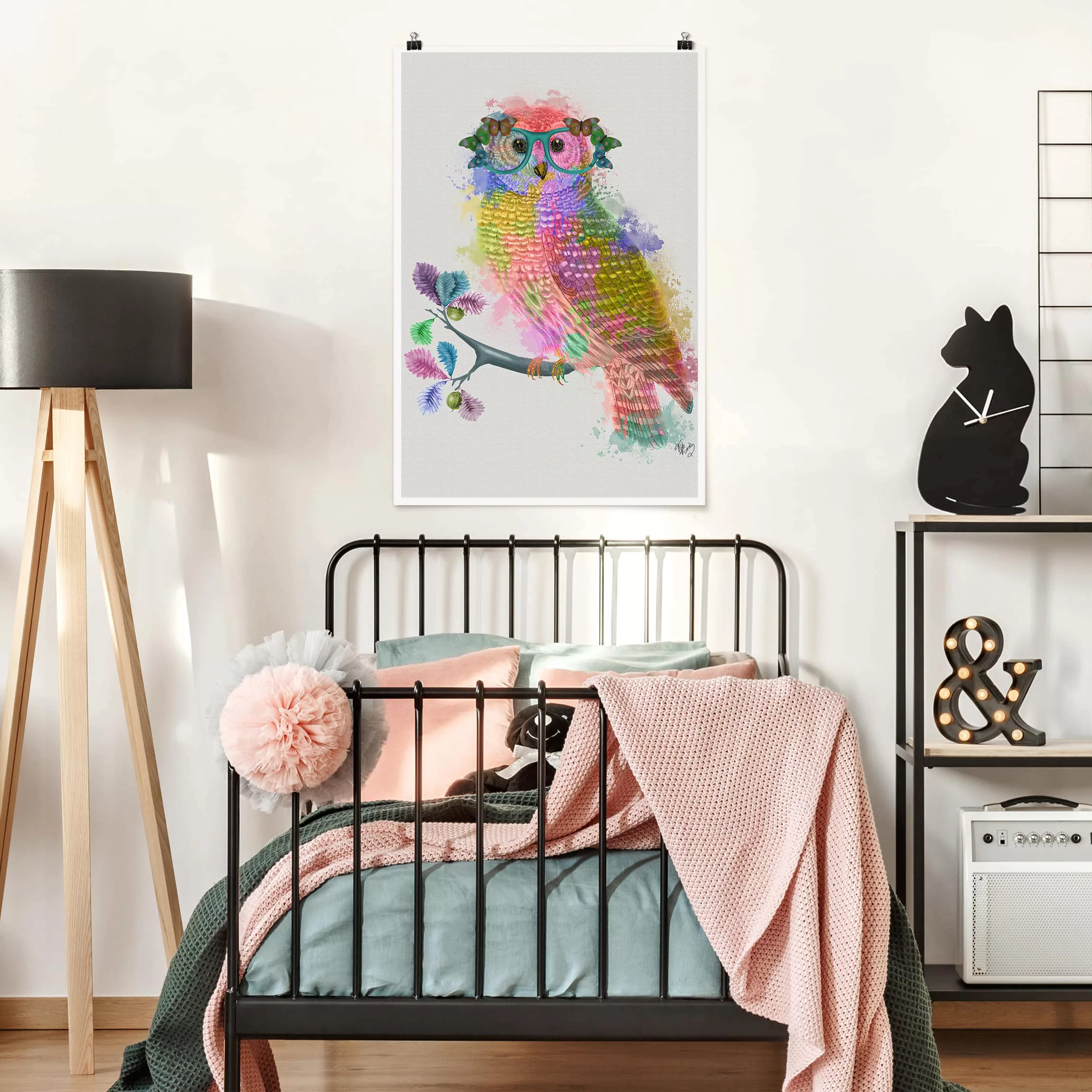 Poster Kinderzimmer - Hochformat Regenbogen Splash Eule günstig online kaufen