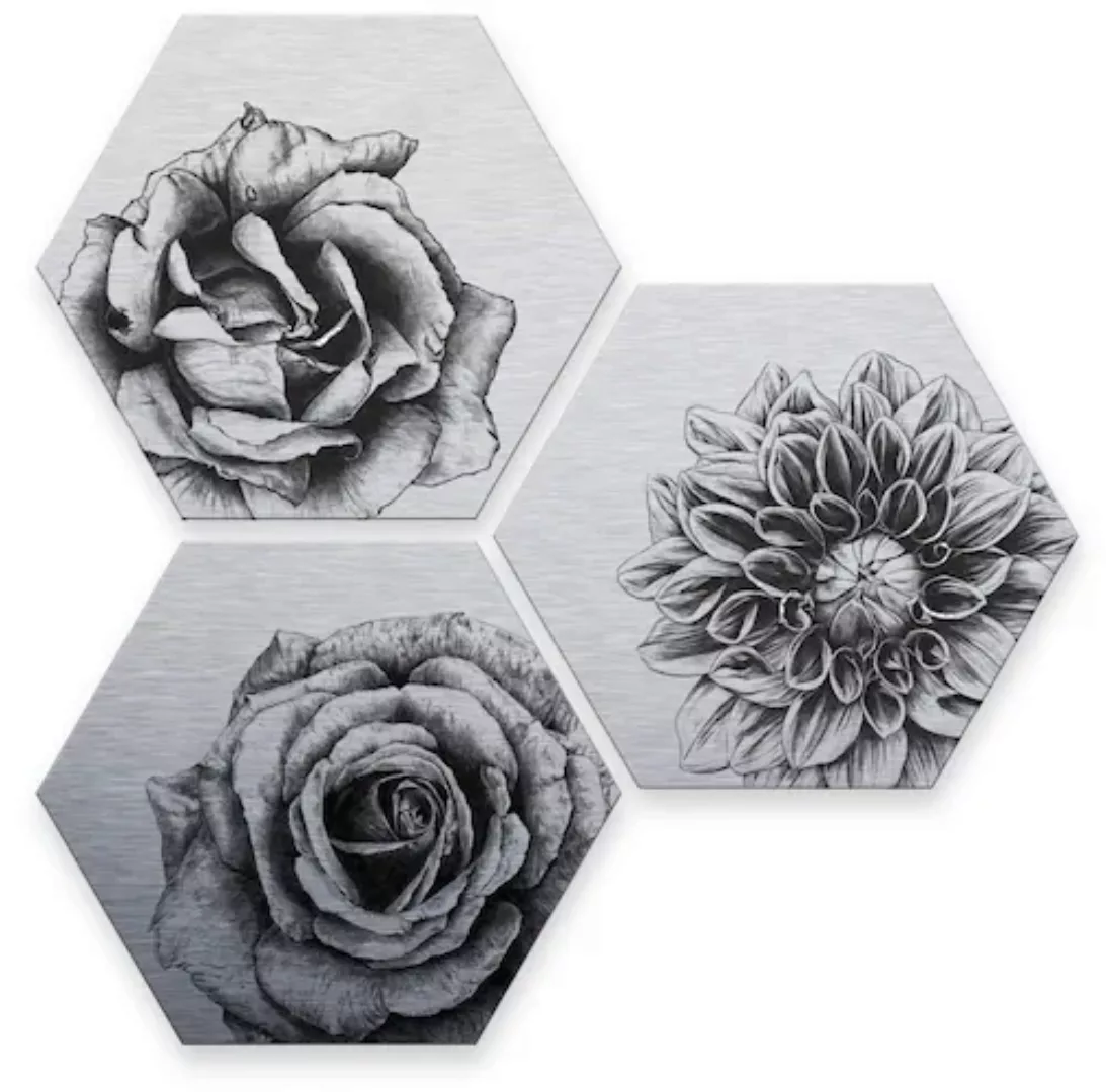 Wall-Art Mehrteilige Bilder »Silbereffekt Blumen Set«, (Set, 3 St.), Metall günstig online kaufen
