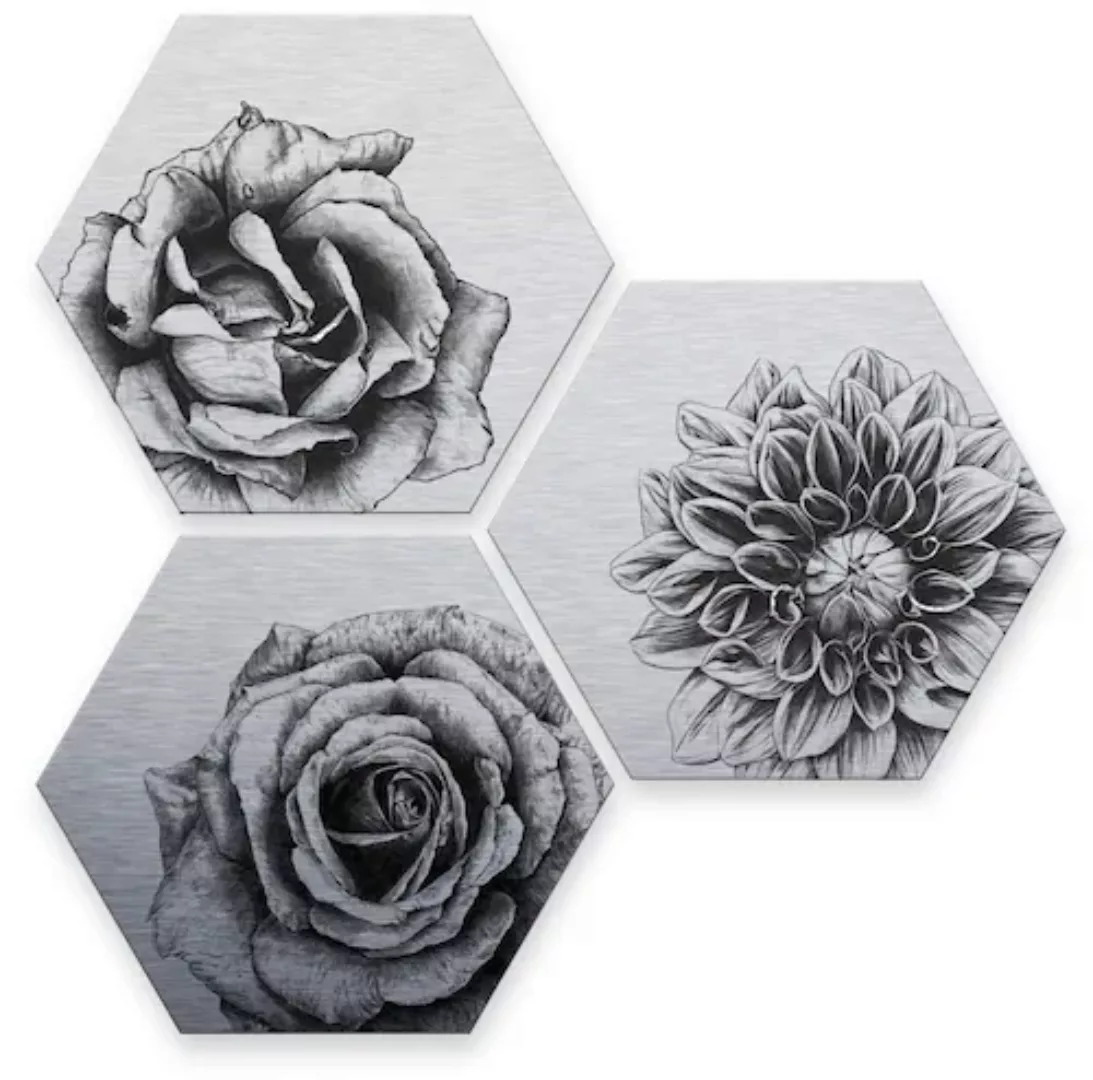 Wall-Art Mehrteilige Bilder "Silbereffekt Blumen Set", (Set, 3 St.), Metall günstig online kaufen