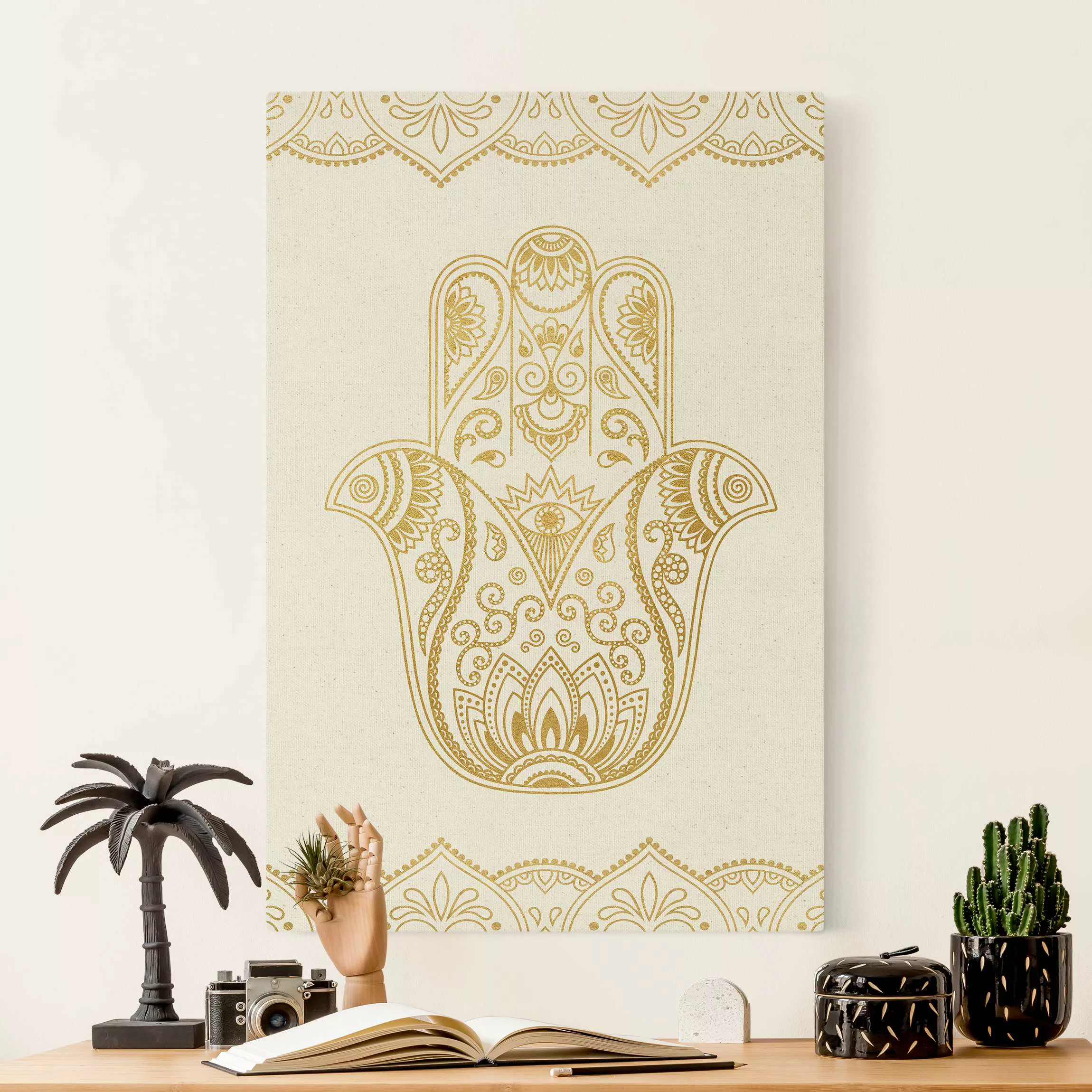 Leinwandbild auf Naturcanvas Hamsa Hand Illustration weiß gold günstig online kaufen