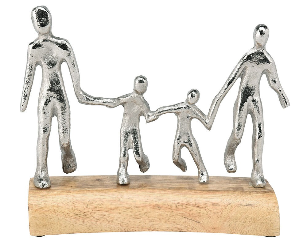 Dekofigur Familie Skulptur Eltern Kinder Holzsockel Statue Aluminium-Guss günstig online kaufen