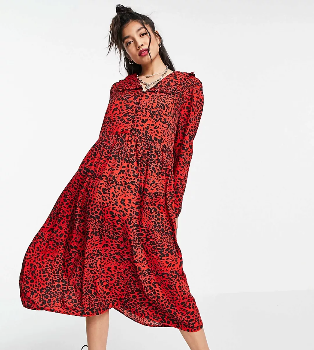 Wednesday's Girl – Midi-Hängerkleid mit Kragen und kräftigem Tierfellprint- günstig online kaufen