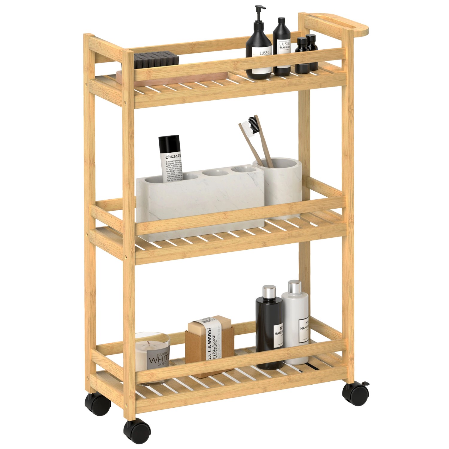 HOMCOM Rollwagen mit Rolle Bambus Naturholz 55L x 20B x 75H cm günstig online kaufen