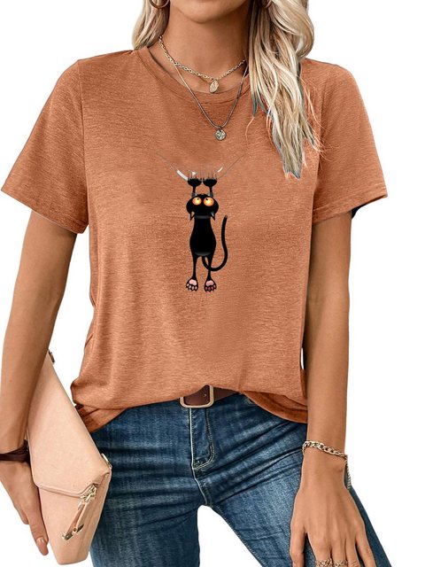 PYL Kurzarmshirt Damen Sommer Kurzarmbluse Locker Katze Print-Shirt günstig online kaufen