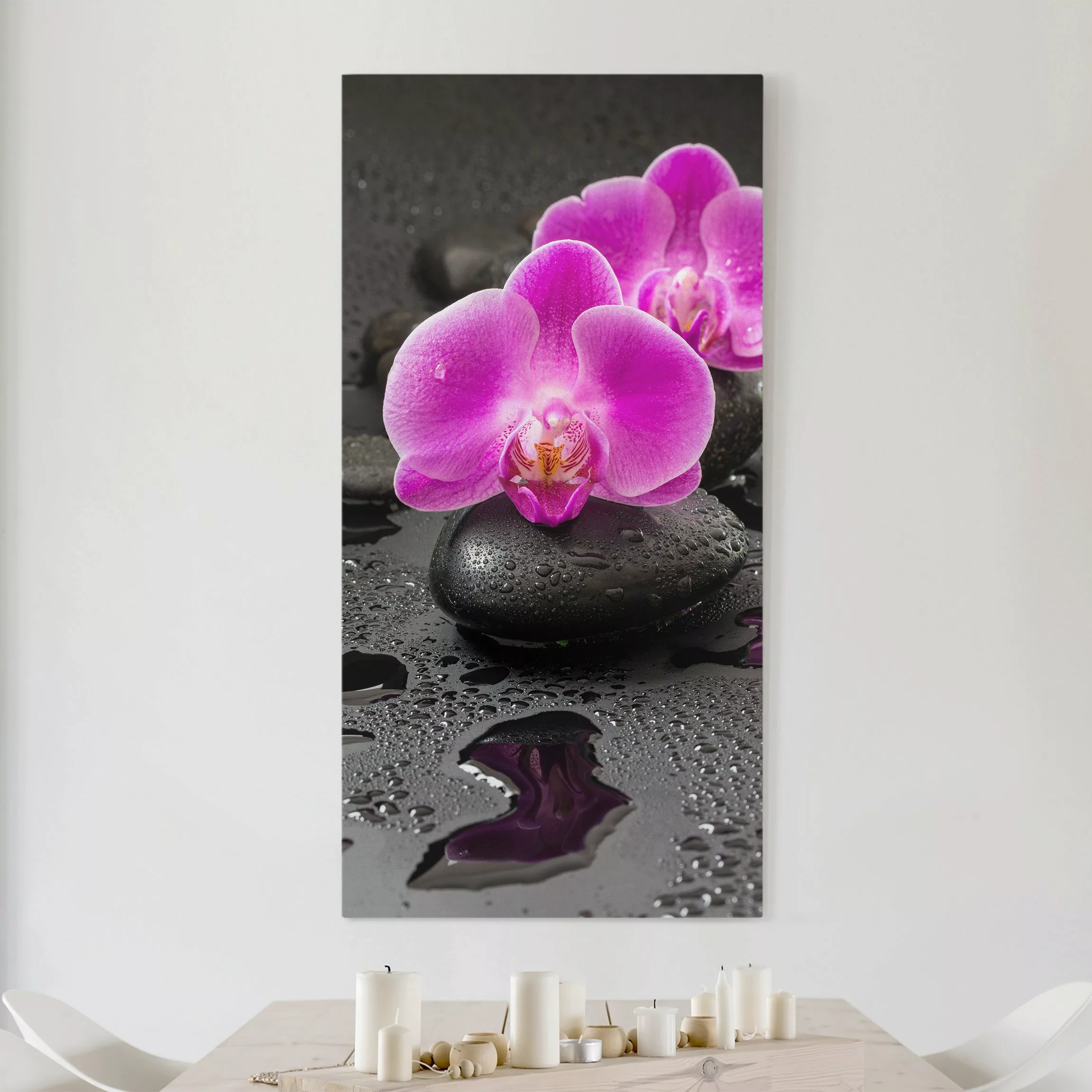 Leinwandbild Pinke Orchideenblüten auf Steinen mit Tropfen günstig online kaufen