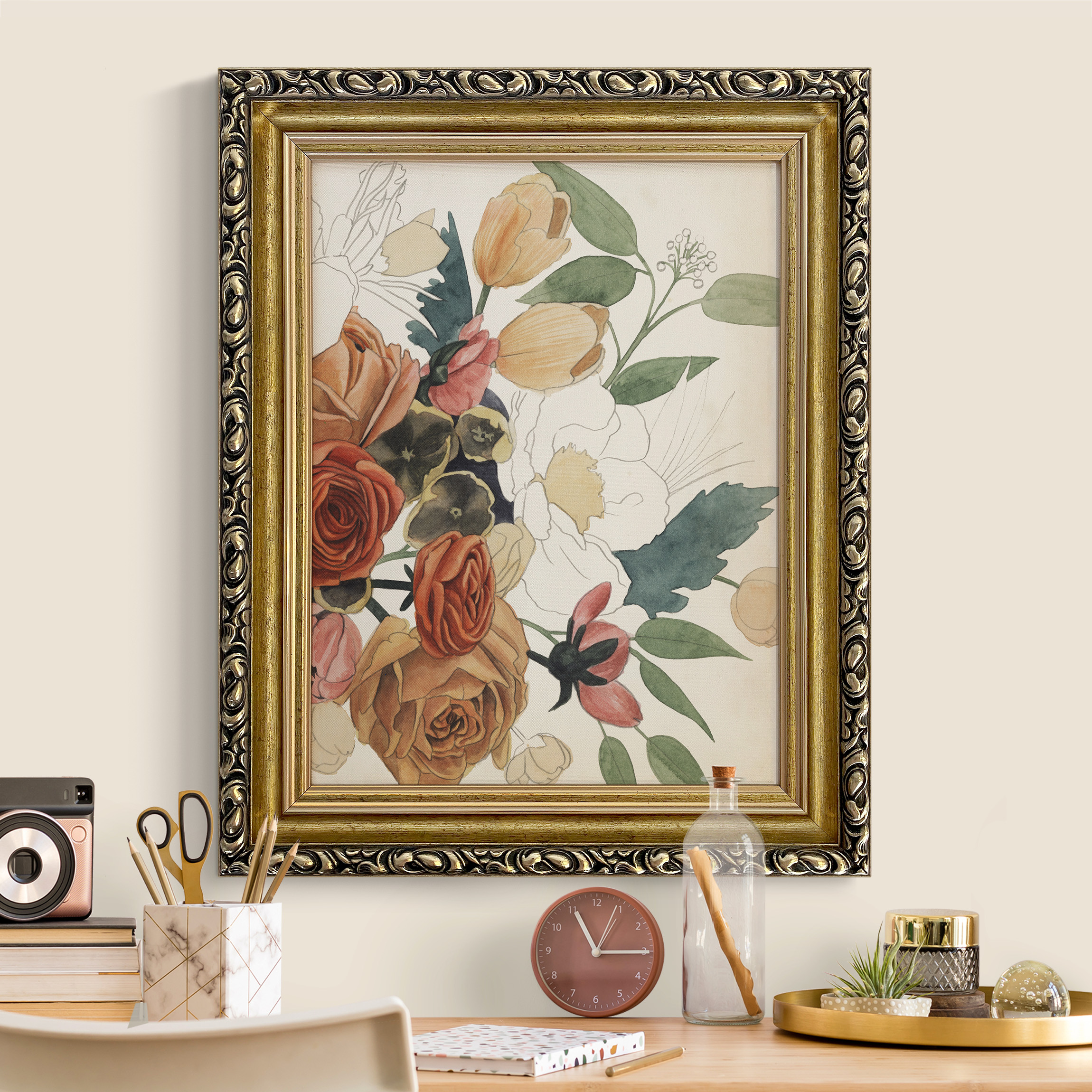 Gerahmtes Leinwandbild Zeichnung Blumenbouquet in Rot und Sepia II günstig online kaufen