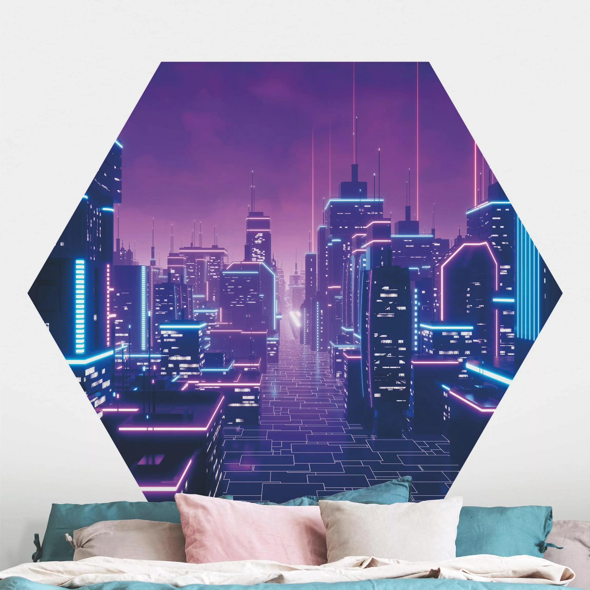 Hexagon Mustertapete selbstklebend Neon Stadtlichter günstig online kaufen