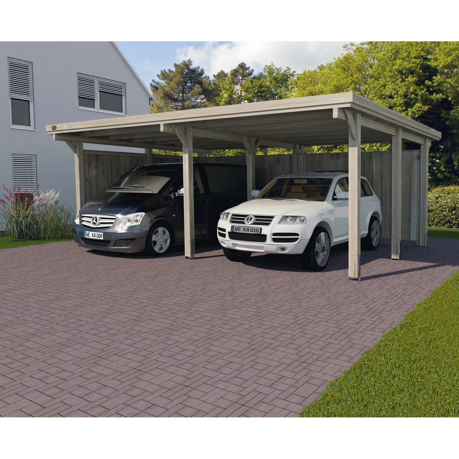 Weka Flachdach-Doppelcarport 618 Gr. 1 mit Trapezblech 603 cm x 512 cm günstig online kaufen