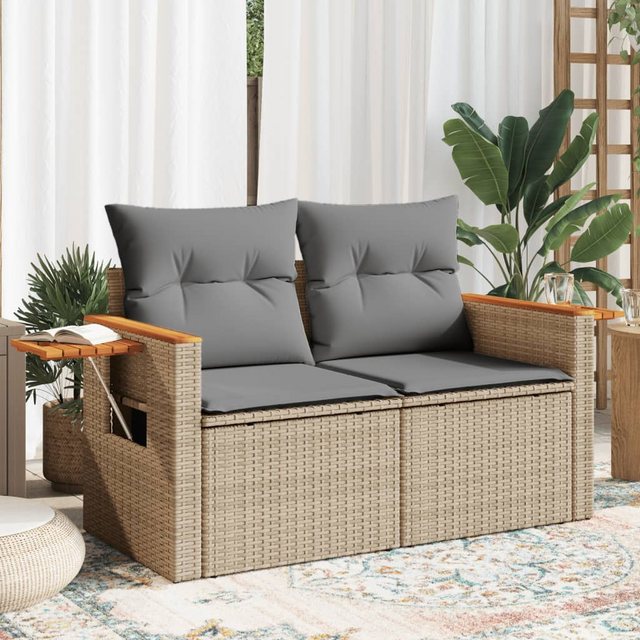 vidaXL Loungesofa Gartensofa mit Kissen 2-Sitzer Beige Poly Rattan günstig online kaufen