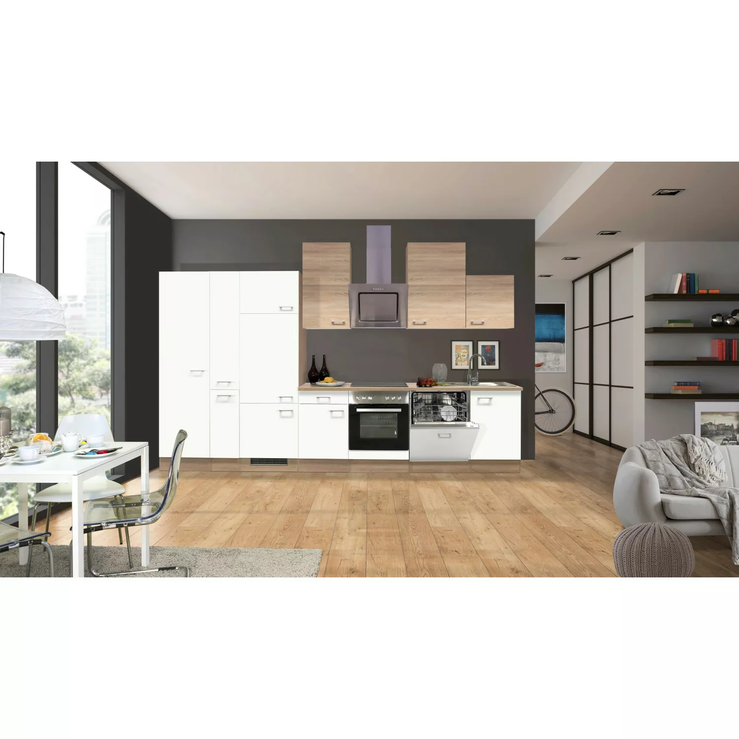 Flex-Well Classic Küchenzeile/Küchenblock Florida 360 cm Weiß-Sonoma Eiche günstig online kaufen