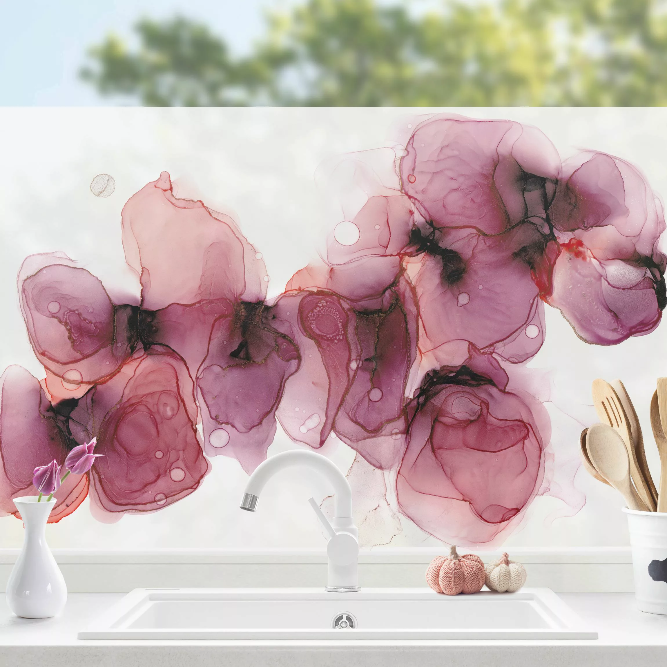 Fensterfolie Wilde Blüten in Violett und Gold günstig online kaufen