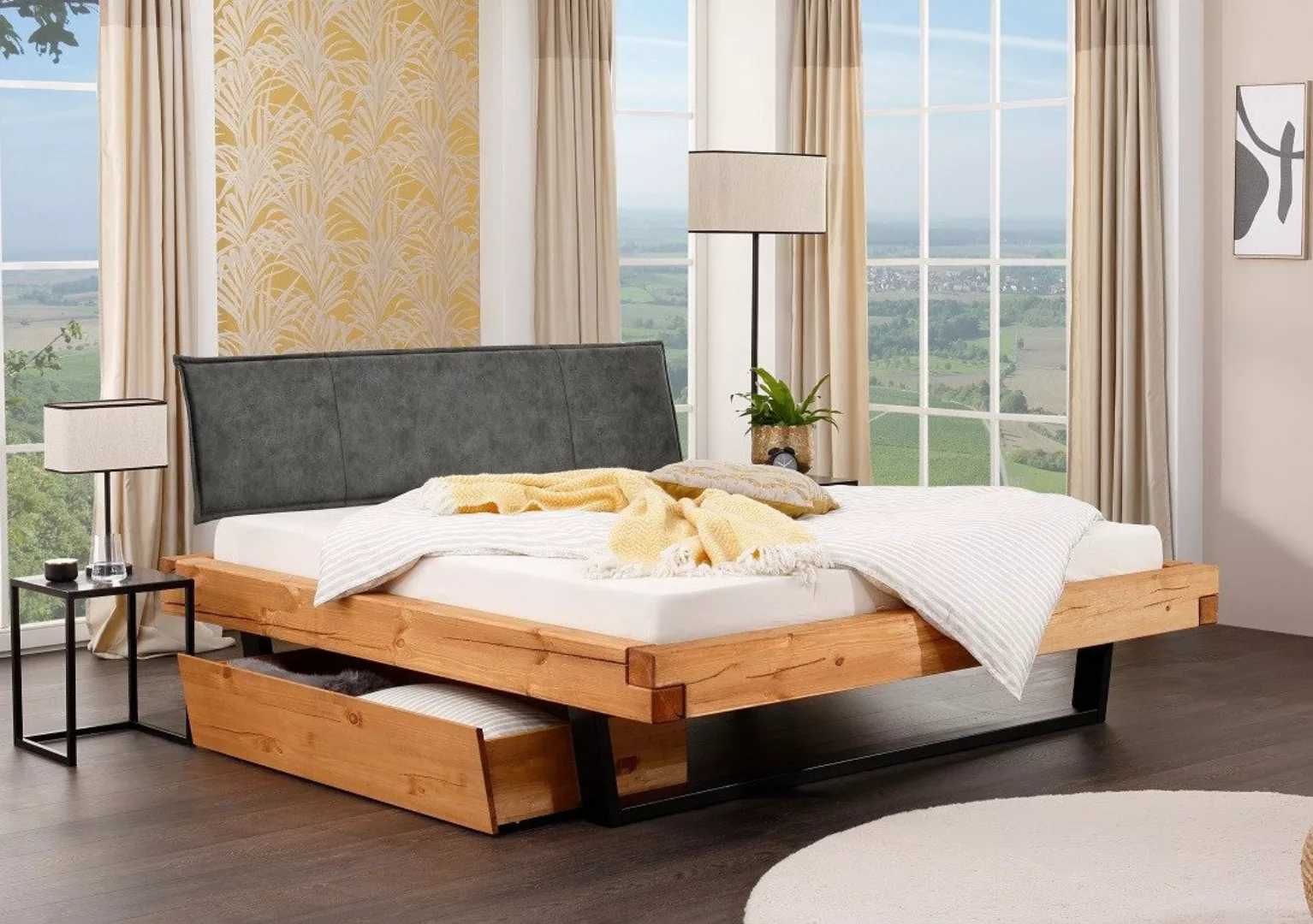Main Möbel Massivholzbett Balkenbett mit Bettkästen 'Nicole' 200x200cm Kief günstig online kaufen