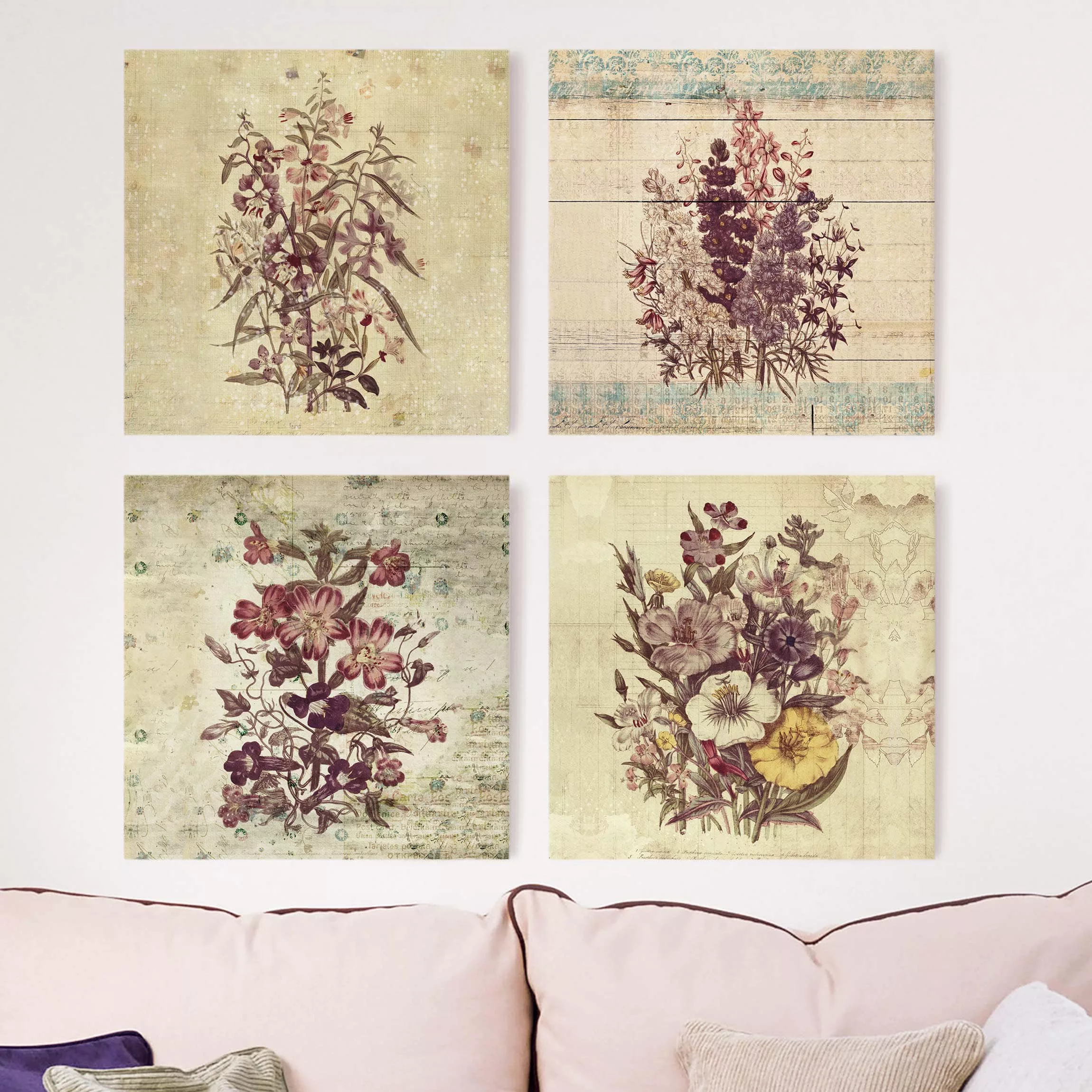 4-teiliges Leinwandbild Blumen - Quadrat Vintage Blumen Sammlung günstig online kaufen