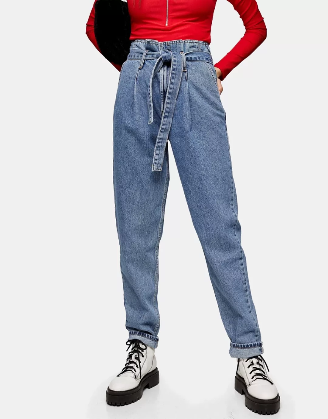 Topshop – Mittelblaue Mom-Jeans mit Paperbag-Taille günstig online kaufen