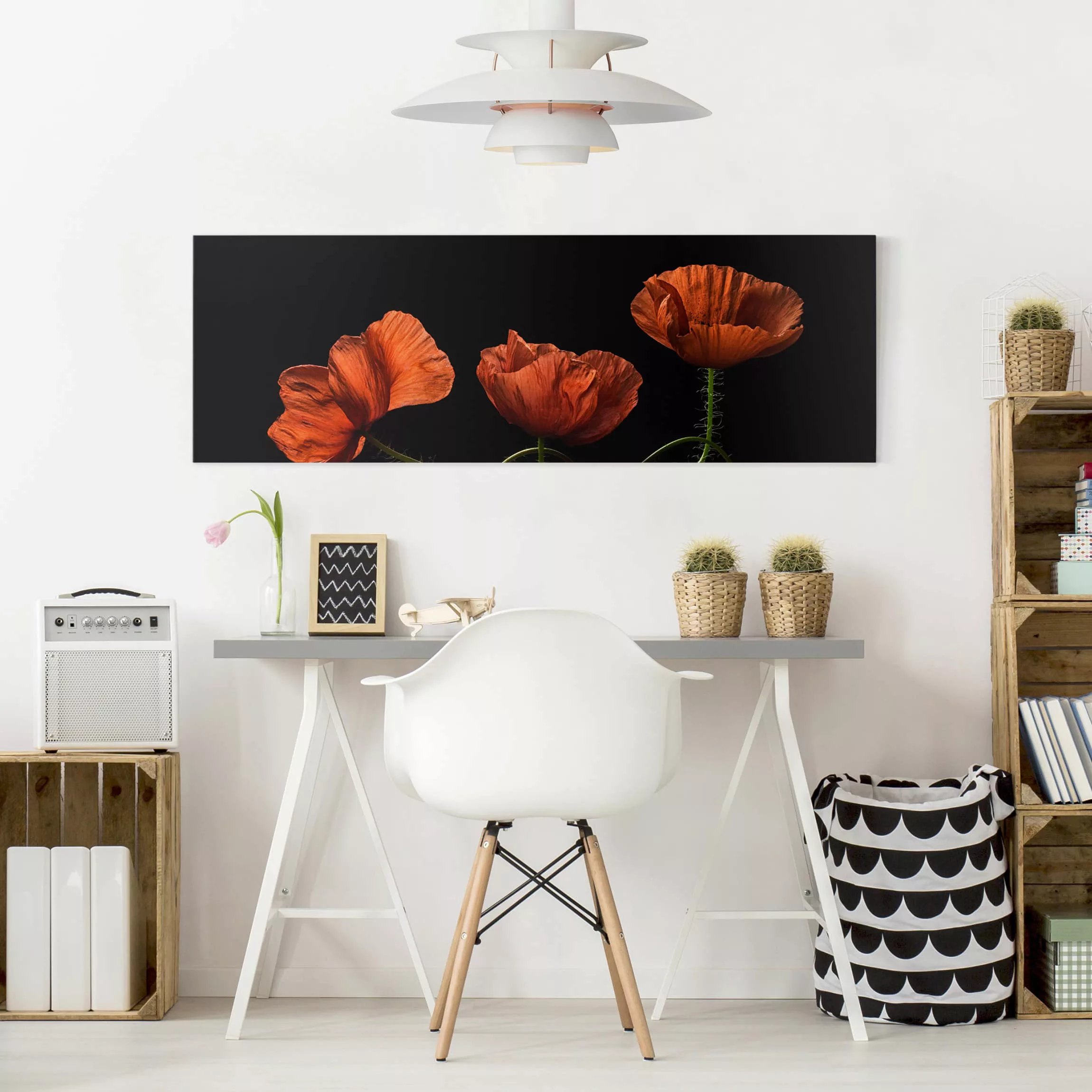 Leinwandbild Blumen - Panorama Mohnblumen um Mitternacht günstig online kaufen