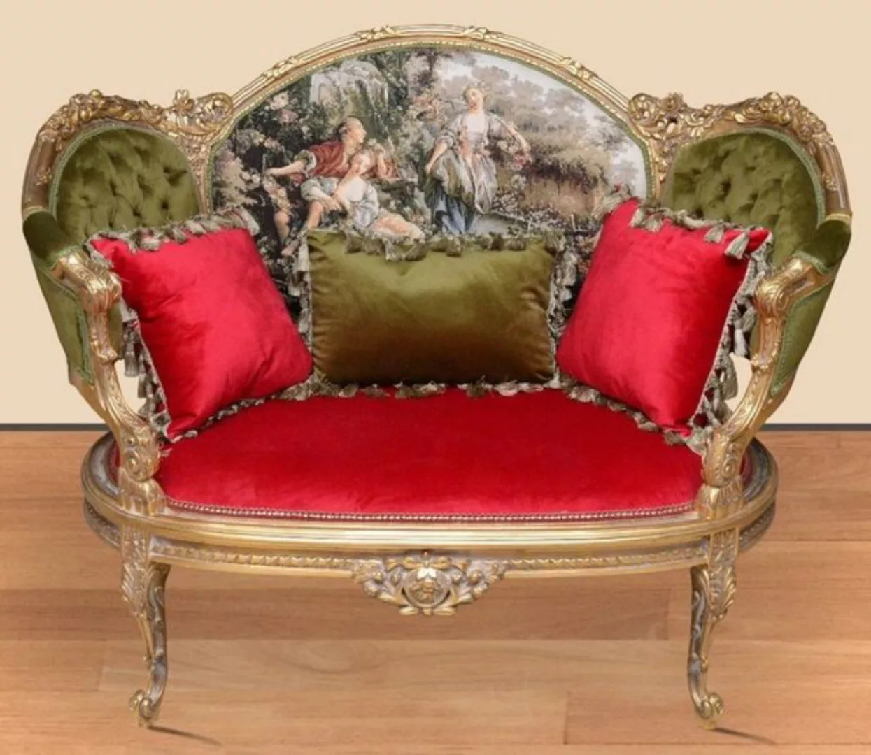 Casa Padrino Sofa Barock Sofa Grün / Rot / Mehrfarbig / Gold - Handgefertig günstig online kaufen