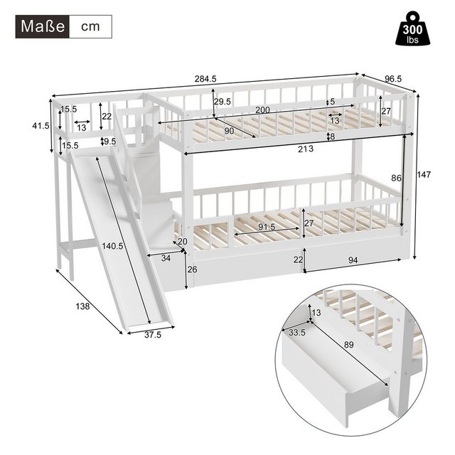Flieks Etagenbett, Kinderbett Etagenbett mit 2 Schubladen, Rutsche und Trep günstig online kaufen
