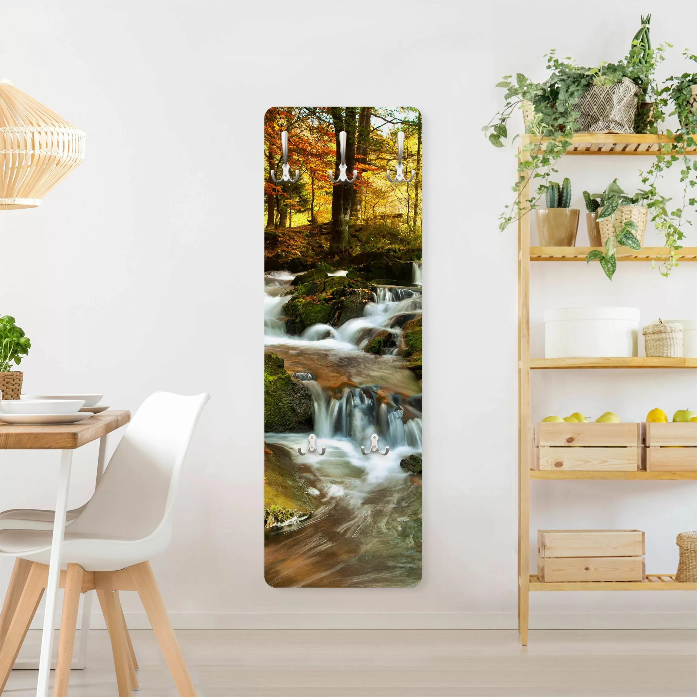 Wandgarderobe Holzpaneel Natur & Landschaft Wasserfall herbstlicher Wald günstig online kaufen