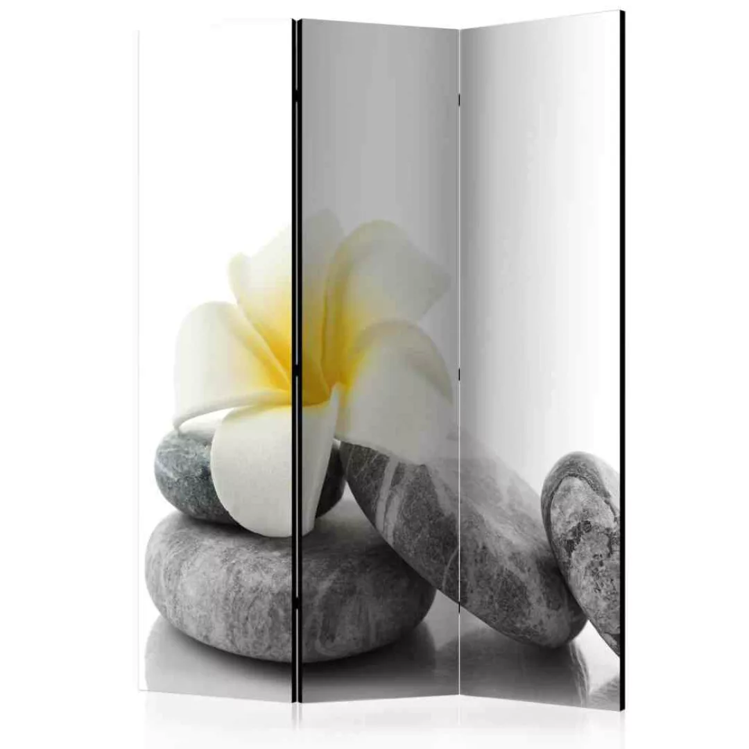 Zen Design Paravent mit Steinen und Blüte Weiß und Grau günstig online kaufen