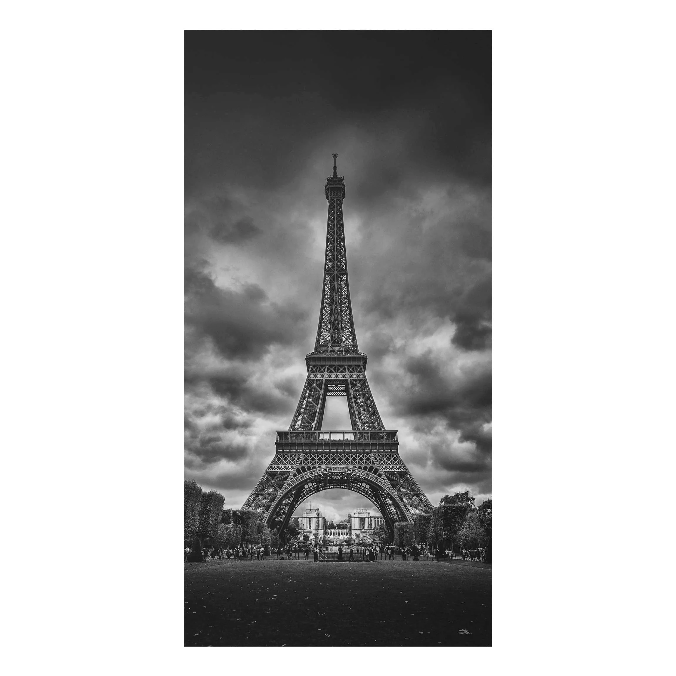 Alu-Dibond Bild - Hochformat Eiffelturm vor Wolken schwarz-weiß günstig online kaufen