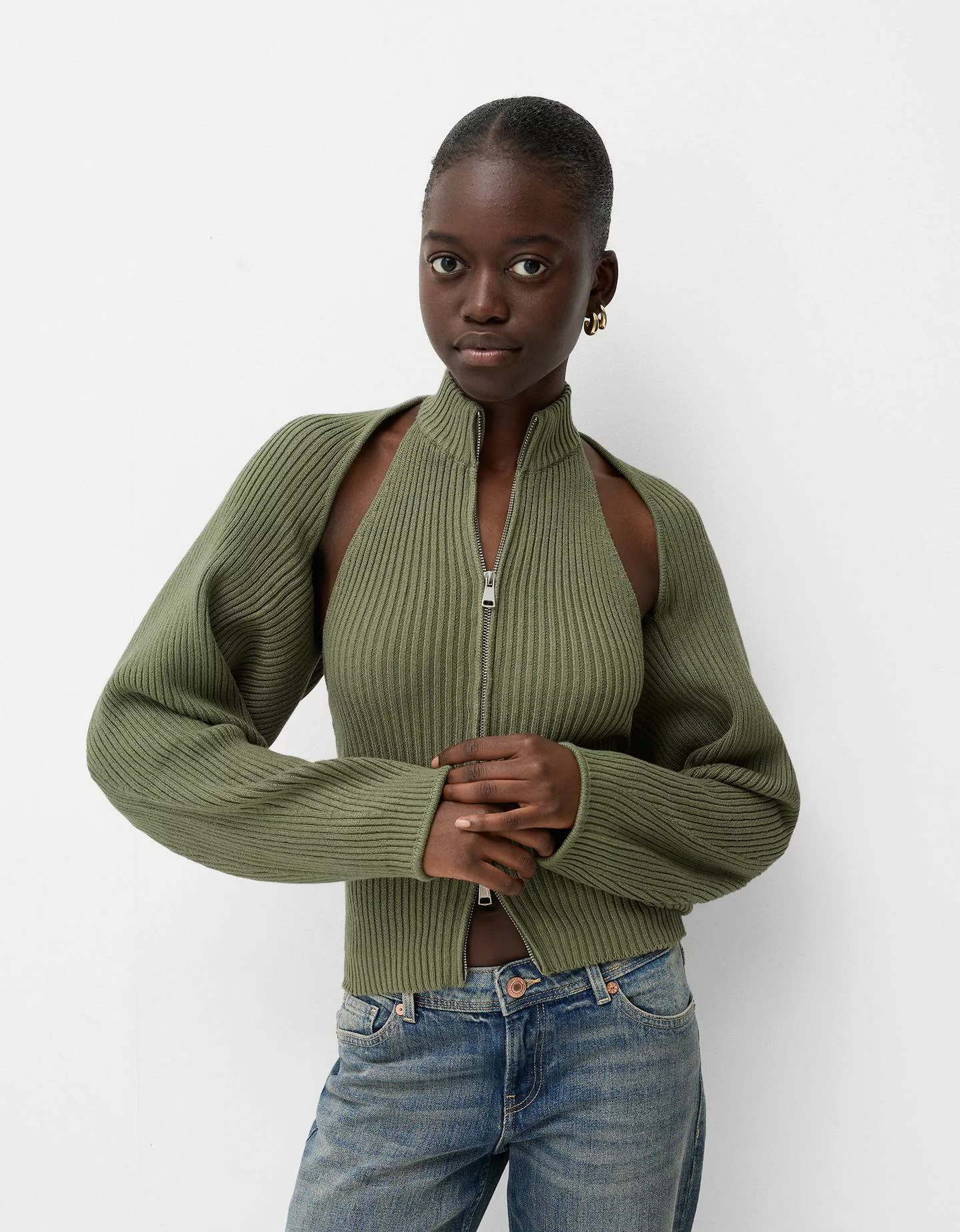 Bershka Cardigan-Top Mit Rollkragen Damen S Khaki günstig online kaufen