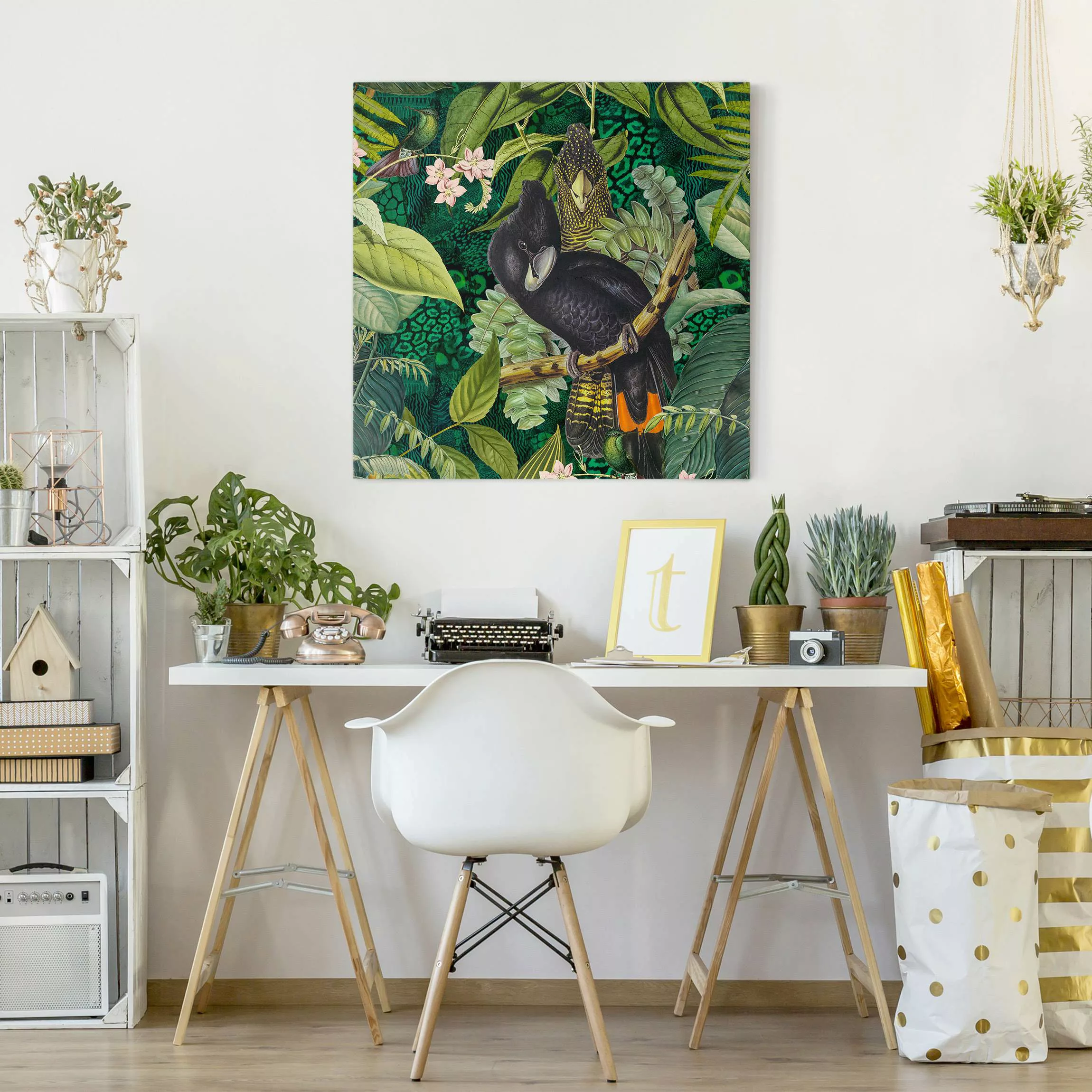 Leinwandbild Bunte Collage - Kakadus im Dschungel günstig online kaufen