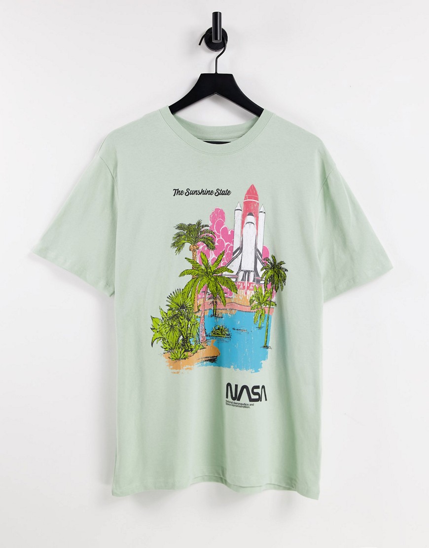 Pull&Bear – T-Shirt in Grün mit NASA-Print-Weiß günstig online kaufen