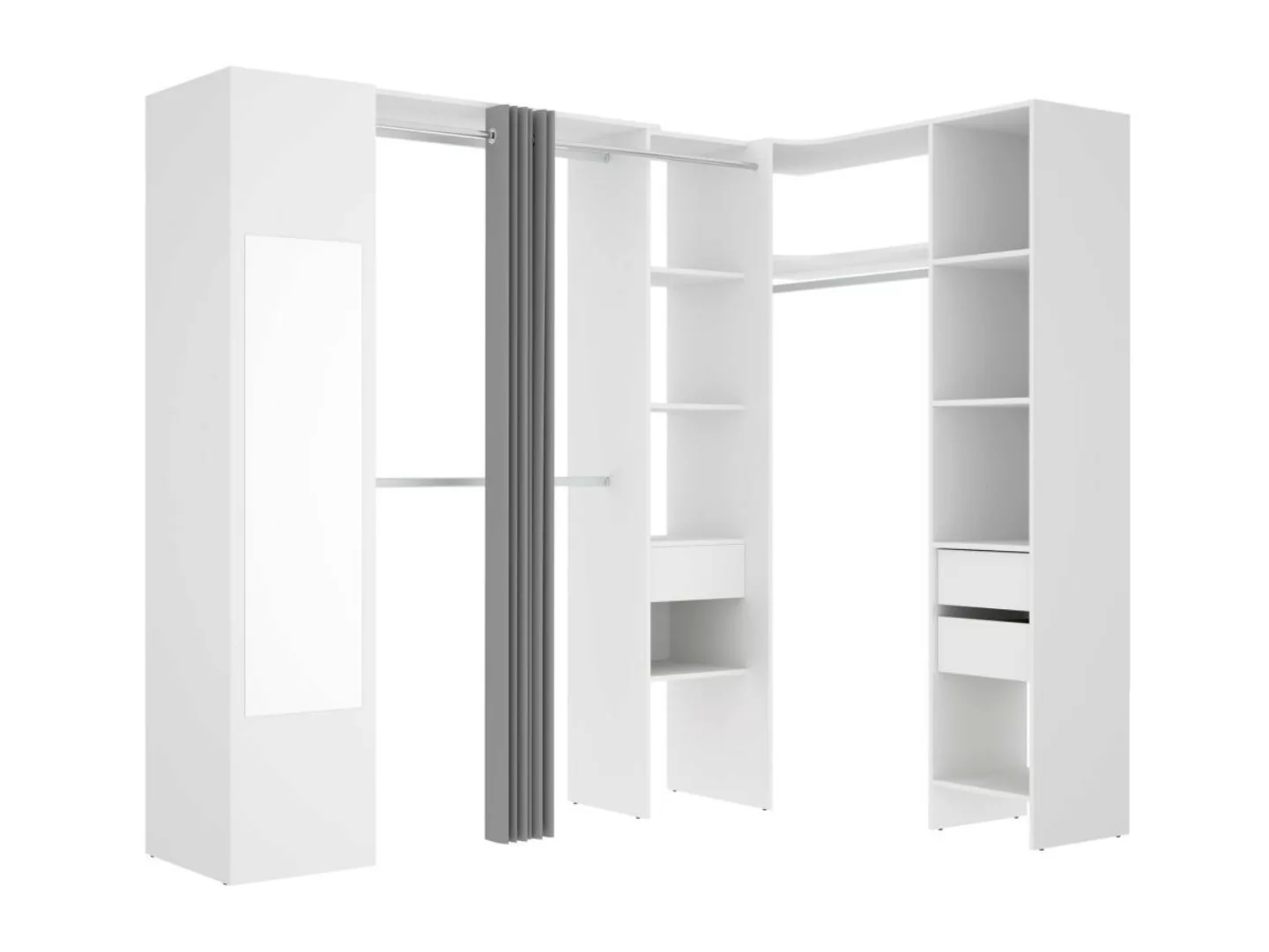 Eckkleiderschrank mit Vorhang & 1 Tür - Mit Spiegel - B 231 cm - Weiß & Gra günstig online kaufen