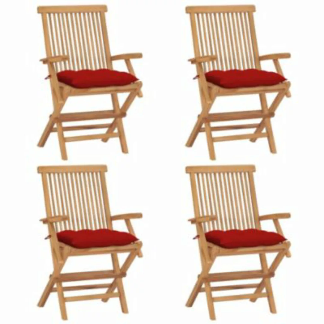 vidaXL Gartenstühle mit Roten Kissen 4 Stk. Massivholz Teak Gartenstuhl rot günstig online kaufen