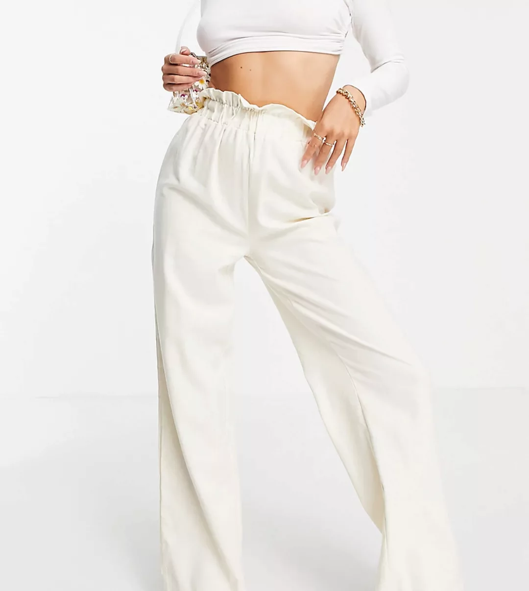 Missguided – Hose in Creme mit weitem Bein und Paperbag-Taille-Weiß günstig online kaufen