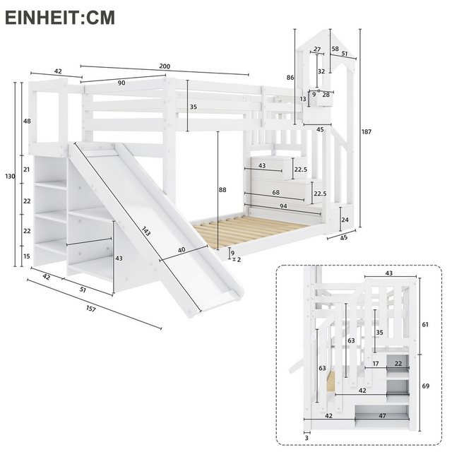 Flieks Etagenbett, Kinderbett Hausbett 90x200cm Rutsche und Treppe mit Stau günstig online kaufen