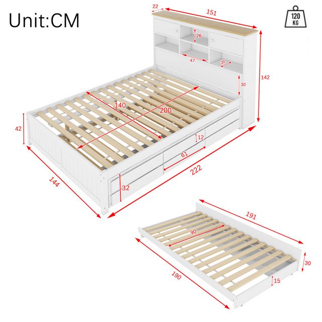 Flieks Massivholzbett, Kinderbett Doppelbett 140x200cm mit 3 Schubladen, Au günstig online kaufen