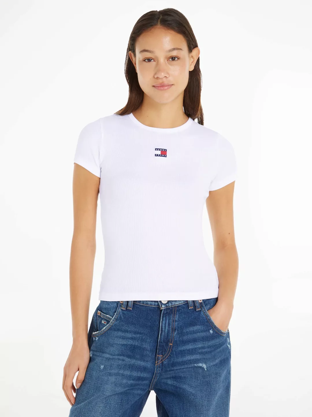 Tommy Jeans Rundhalsshirt "TJW SLIM BADGE RIB TEE", in Rippoptik, mit Logo- günstig online kaufen