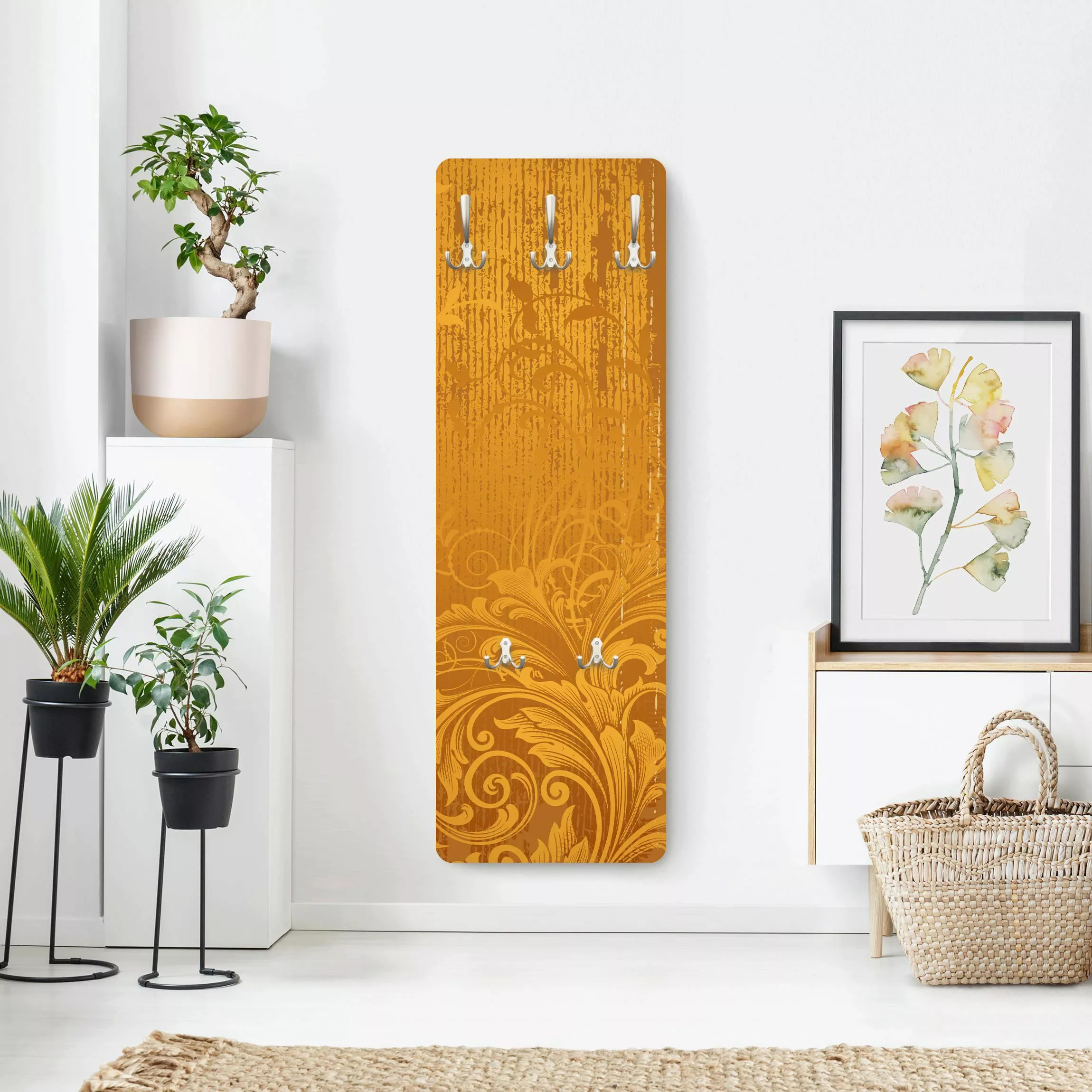 Wandgarderobe Holzpaneel Muster & Textur Goldene Flora günstig online kaufen