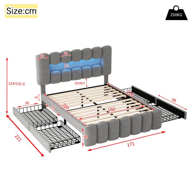 MODFU Polsterbett Doppelbett Stauraumbett Funktionsbett (mit LED-Lichtleist günstig online kaufen