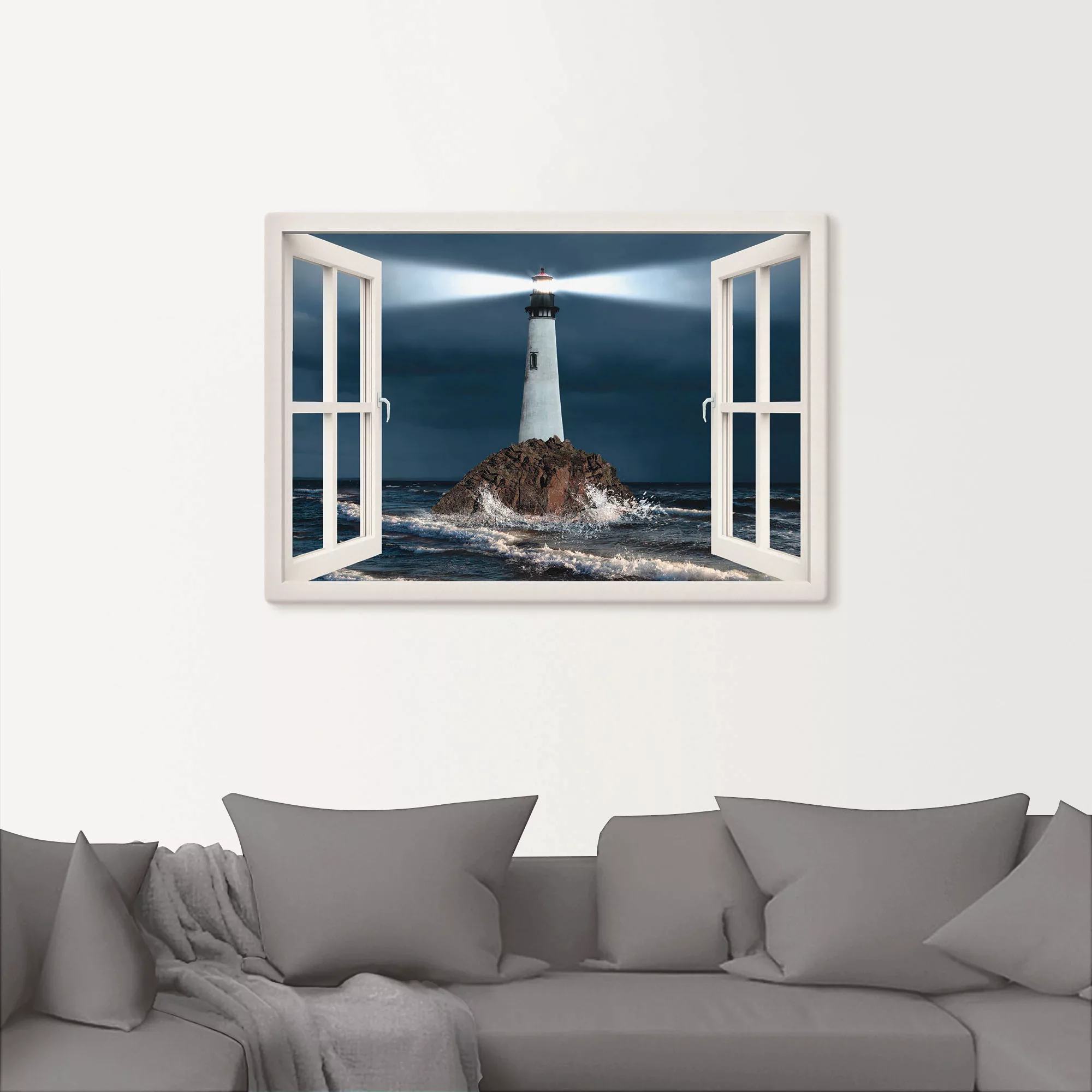 Artland Leinwandbild "Fensterblick Leuchtturm mit Lichtstrahl", Gebäude, (1 günstig online kaufen