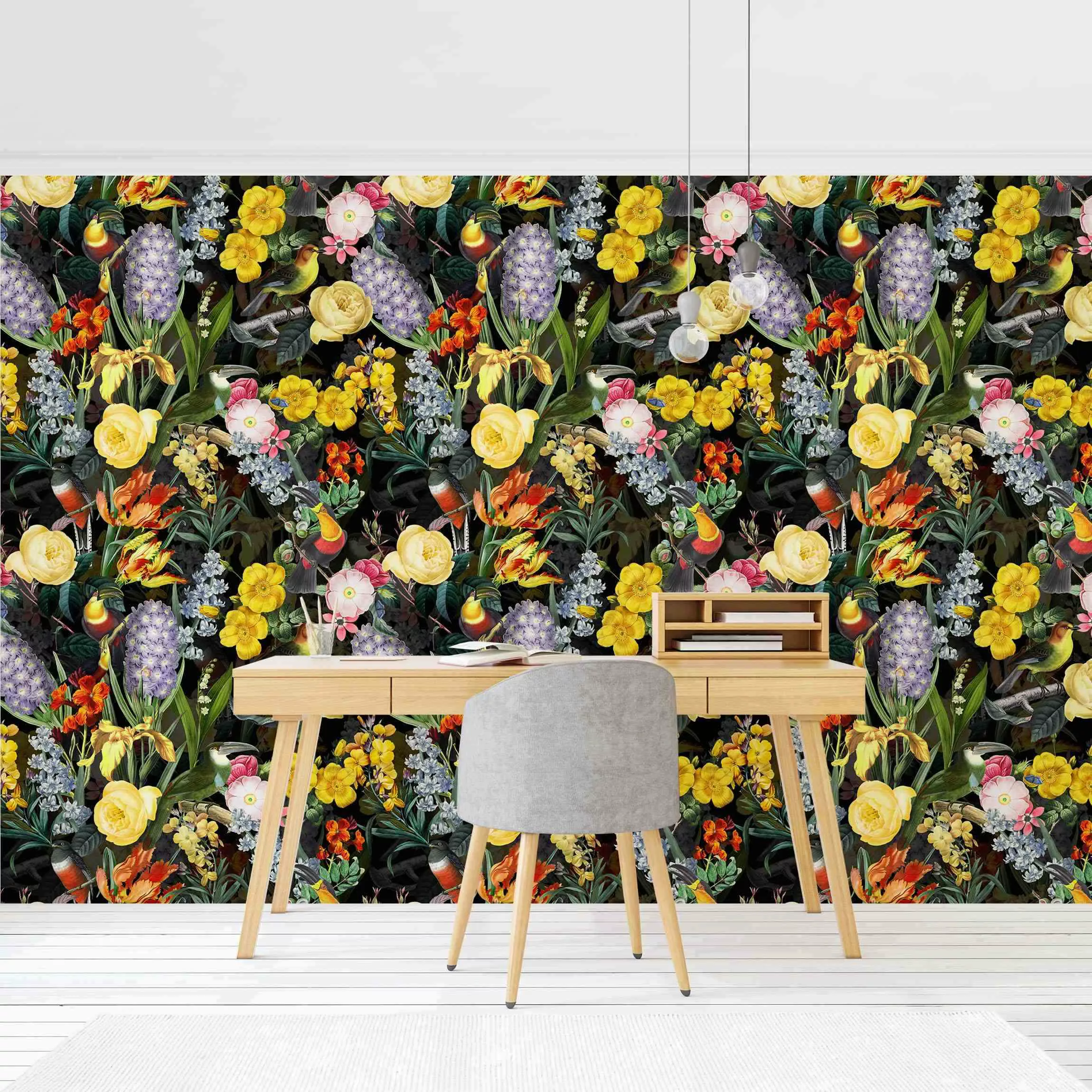 Mustertapete Blumen mit Tropischen Vögeln Bunt günstig online kaufen