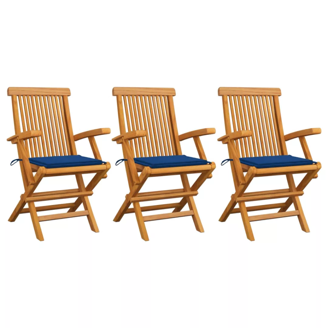Gartenstühle Mit Blauen Kissen 3 Stk. Massivholz Teak günstig online kaufen
