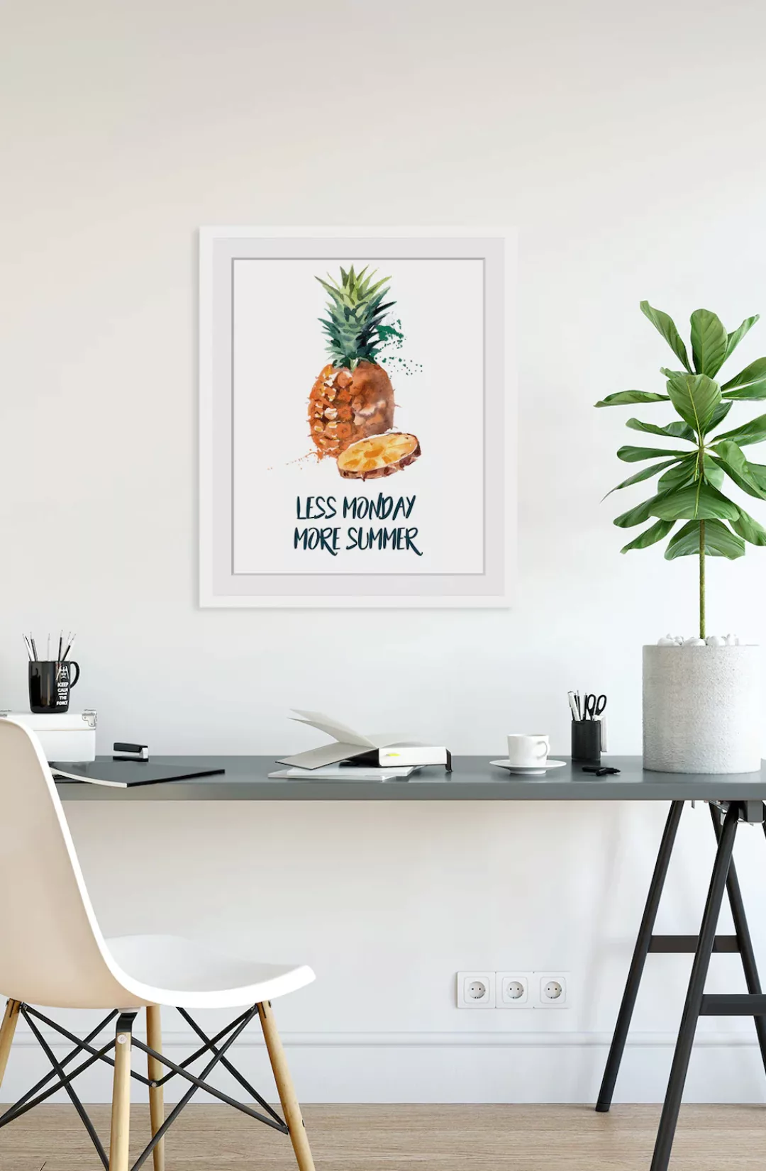 queence Bild "LESS MONDAY MORE SUMMER", Ananas, Schriftzug, Ananas, gerahmt günstig online kaufen