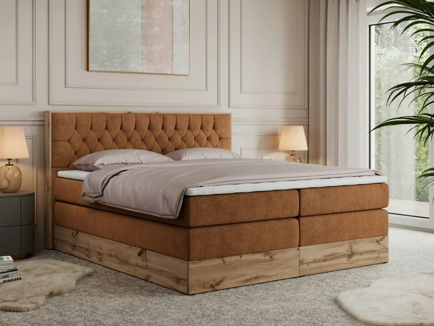 MKS MÖBEL Boxspringbett AMORE KING (Set, Holzrahmen in Eiche-Optik, Topper günstig online kaufen