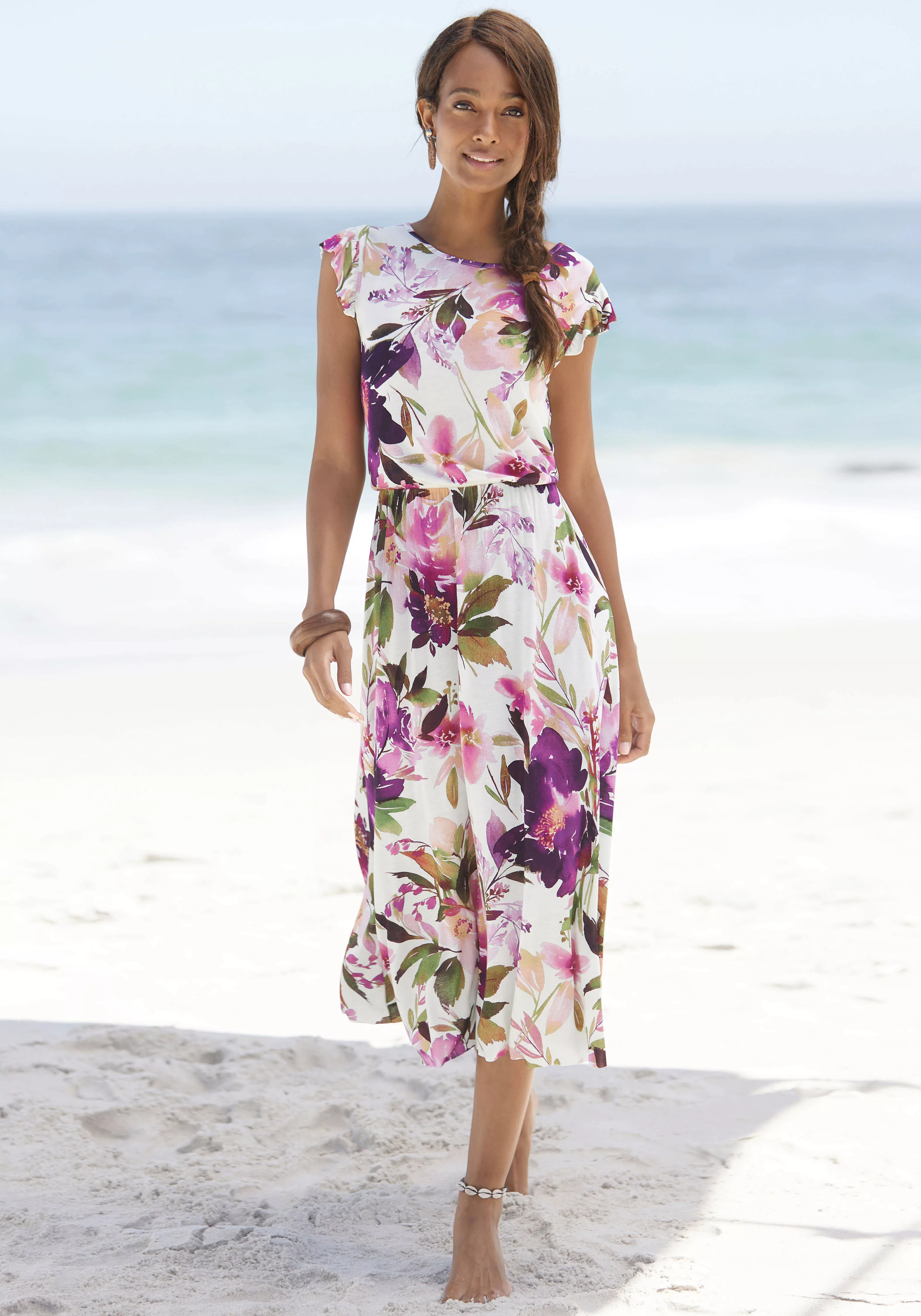 Beachtime Midikleid mit Blumendruck und Gummizug, Sommerkleid, Strandkleid günstig online kaufen