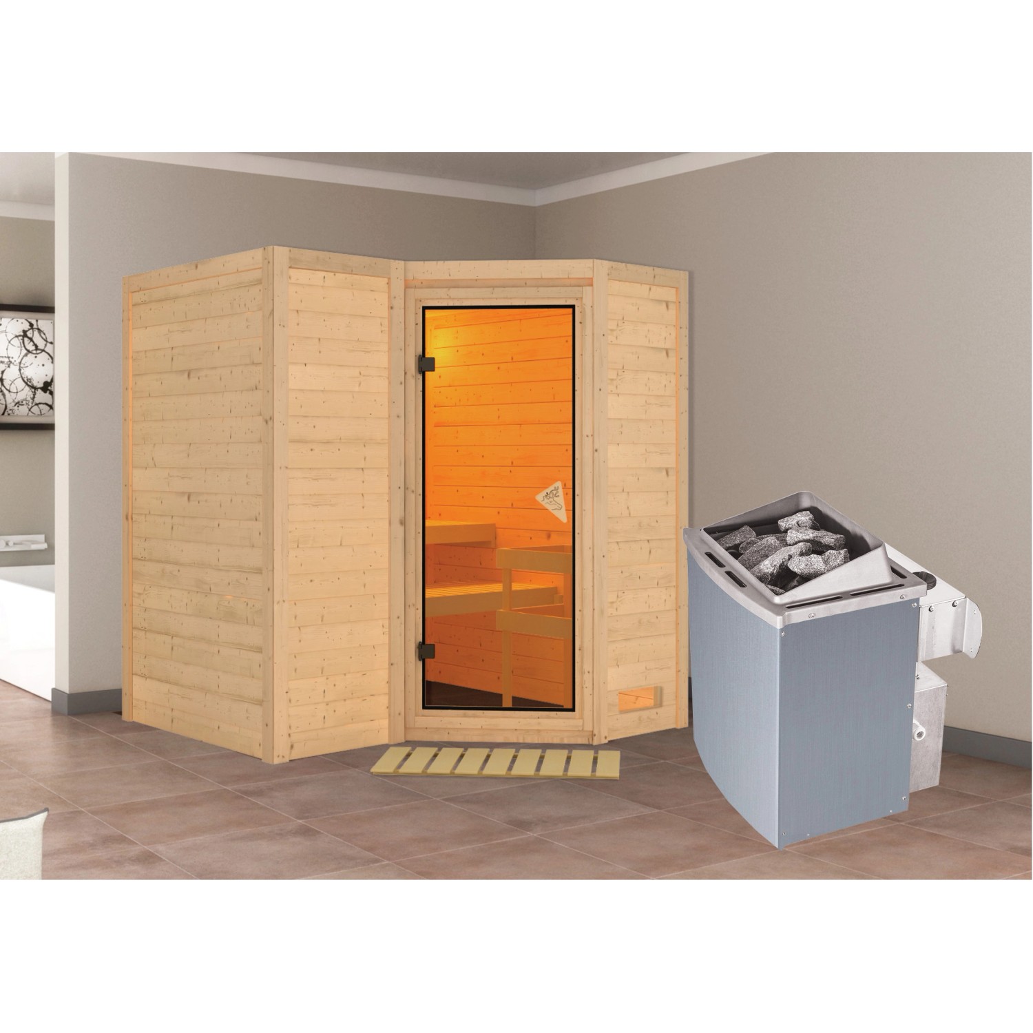 Woodfeeling Sauna-Set Steena 1 inkl. Edelstahl-Ofen 9 kW mit integr. Steuer günstig online kaufen