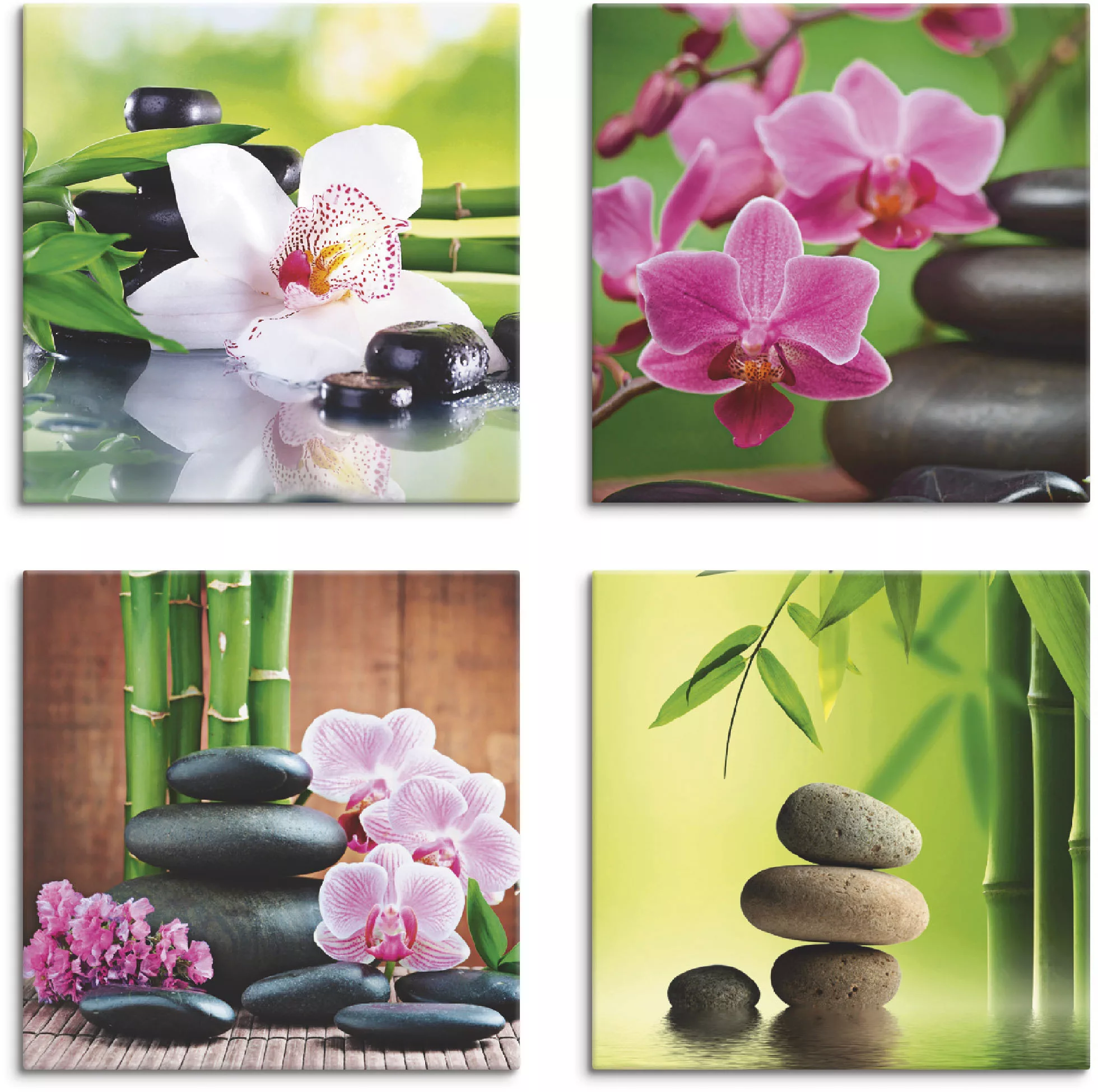 Artland Leinwandbild "Spa Bambus Zweige Zen Steine", Zen, (4 St.), 4er Set, günstig online kaufen
