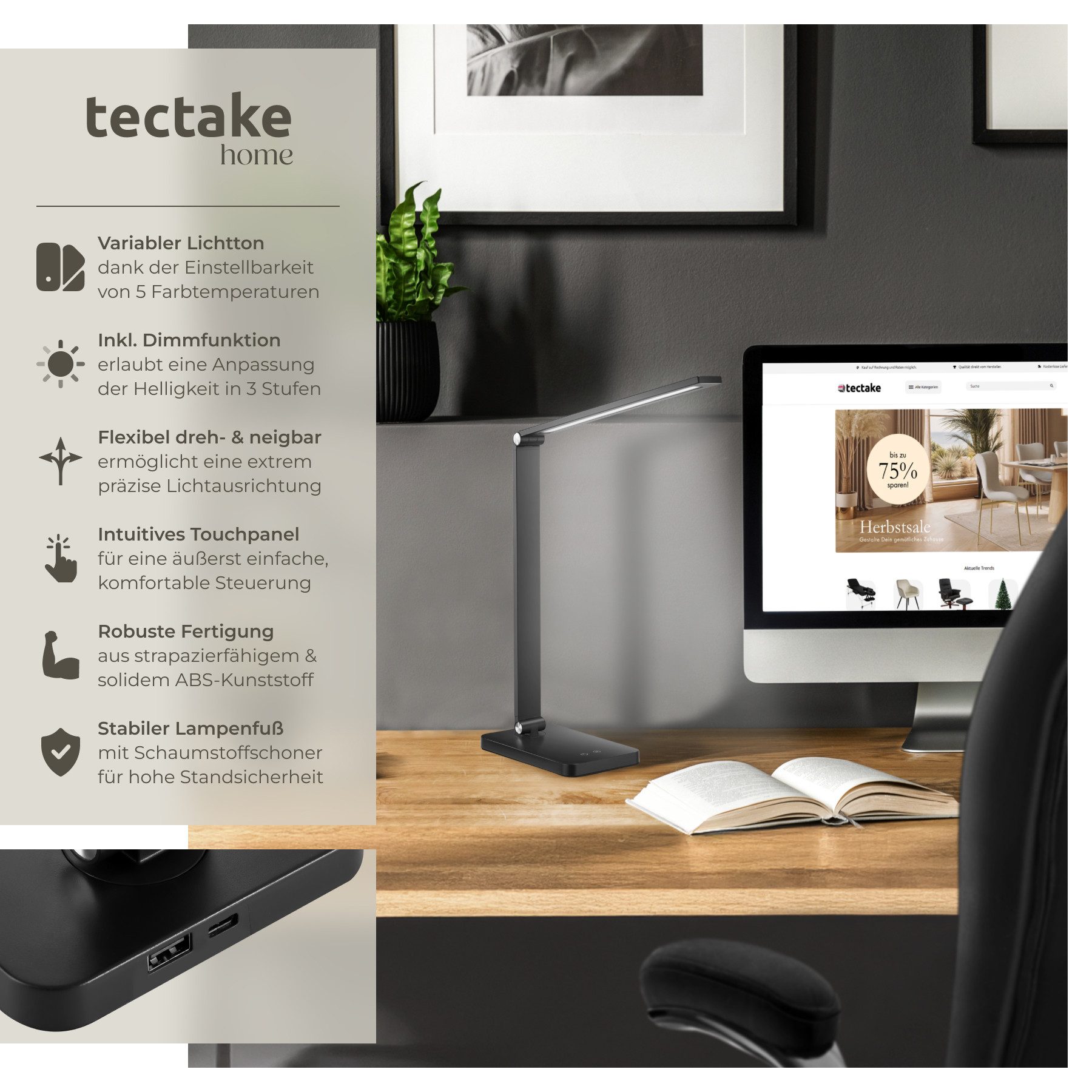 tectake Schreibtischlampe Tischleuchte Novaly, LED, dimmbar, günstig online kaufen