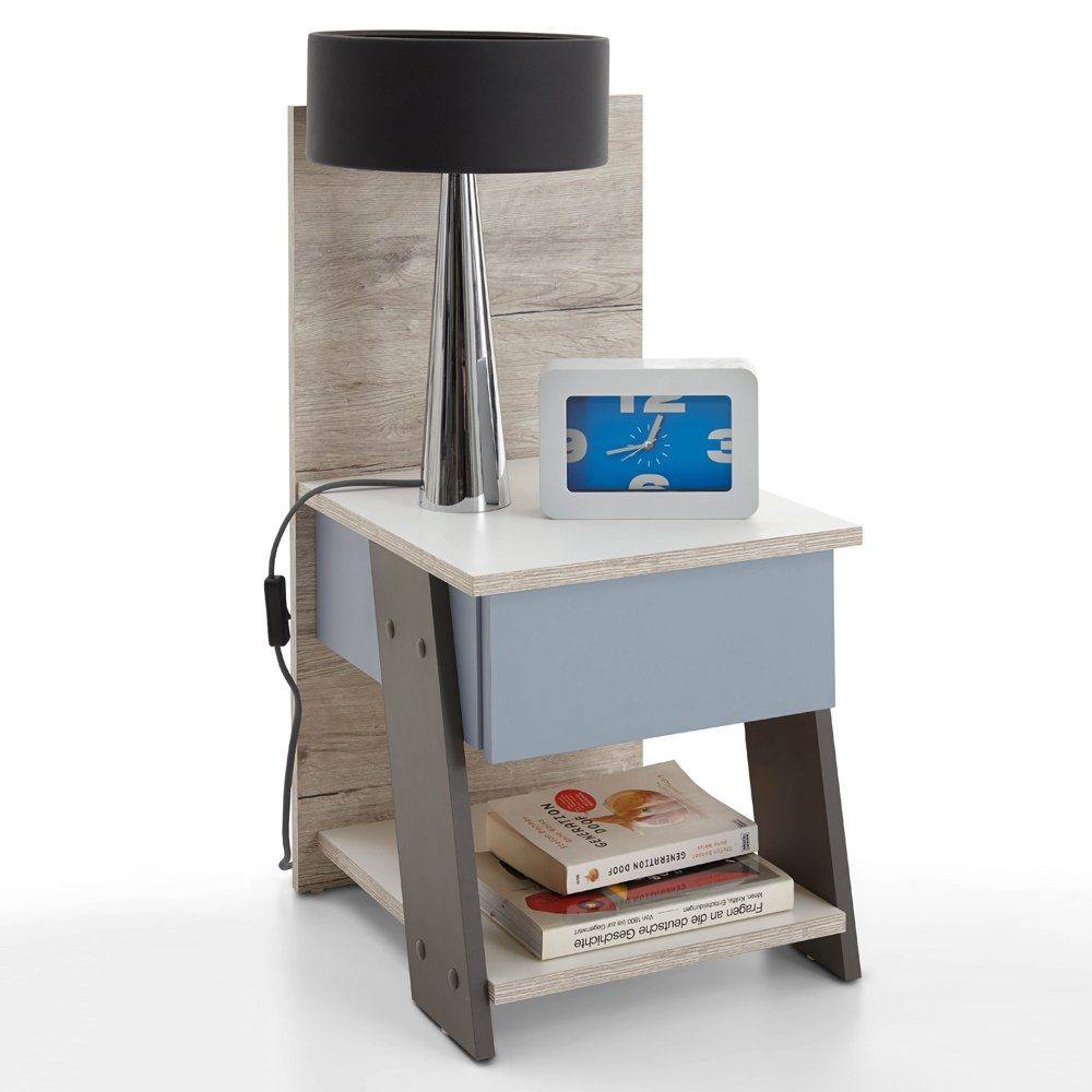 Lomadox Nachttisch LEEDS-10, Sandeiche Nb./weiß/Lava/Denim 34x69,5x39 günstig online kaufen