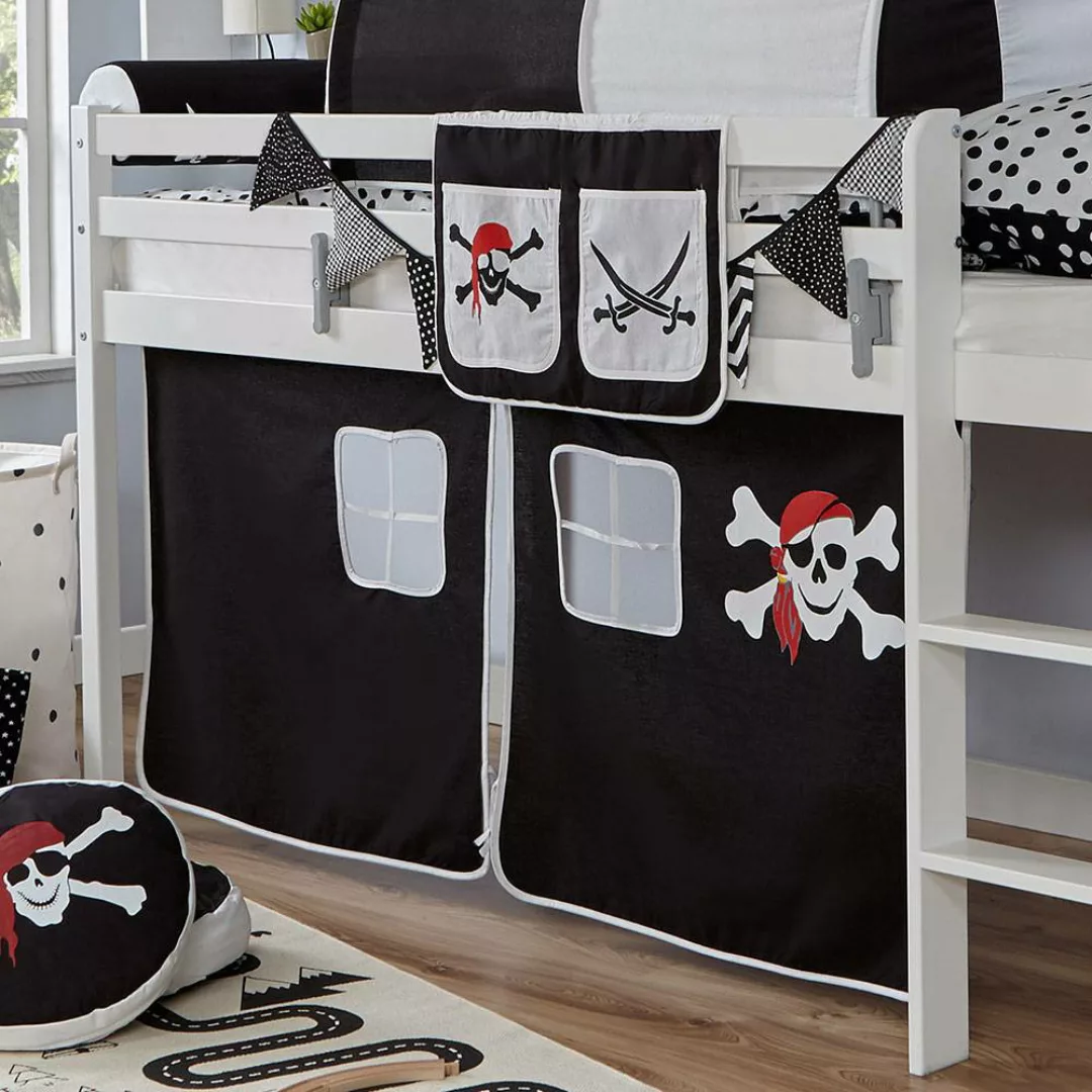 Spielbett Pirat in Weiß und Schwarz Buche Massivholz und Webstoff günstig online kaufen