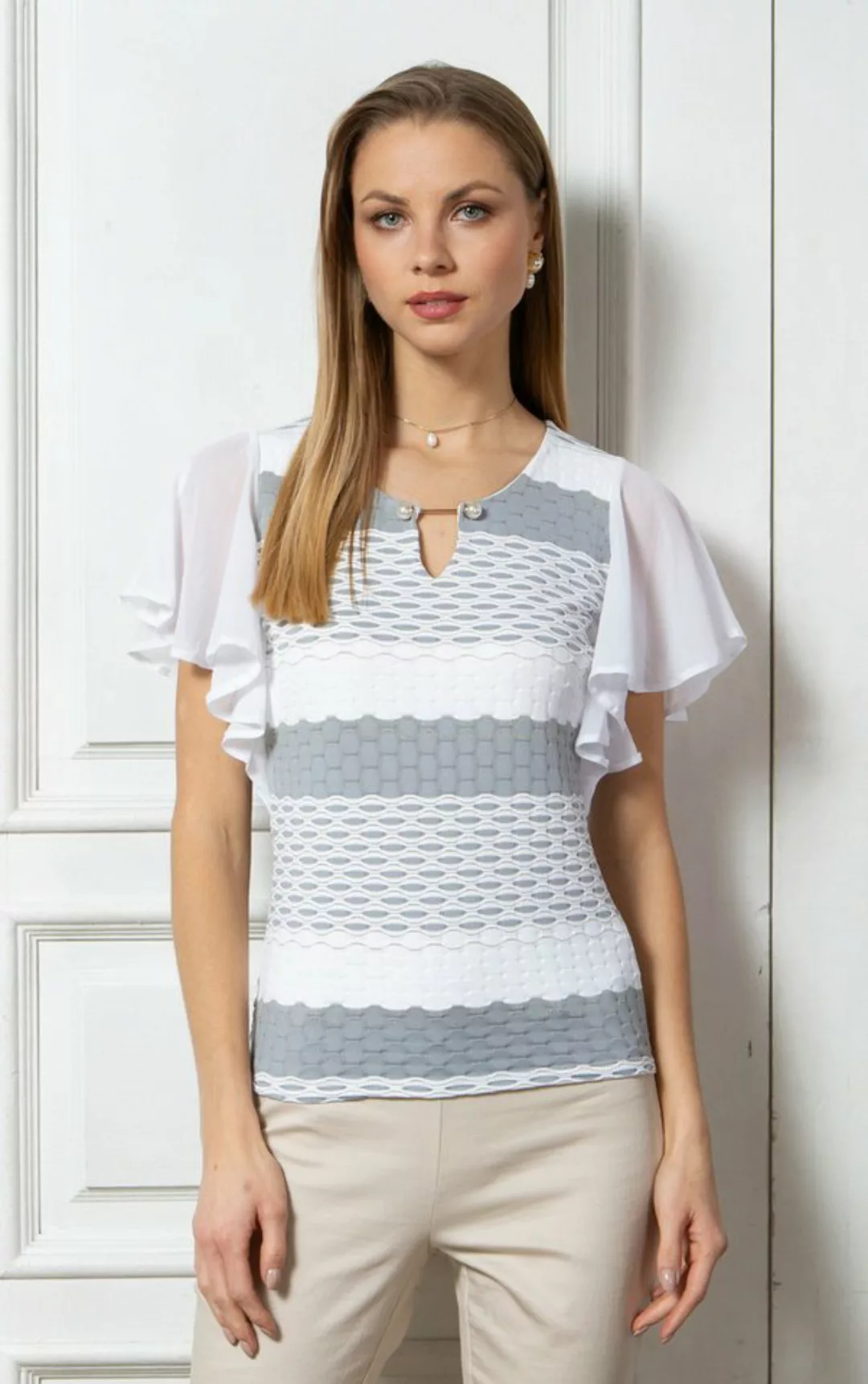 Passioni T-Shirt Strick T-Shirt in Grau und Weiß mit Flügelärmeln und Perle günstig online kaufen
